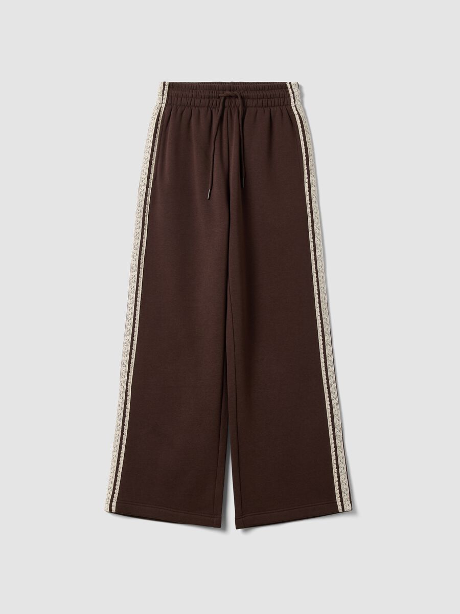 Brown cotton-blend wide-leg trousers with lace detailing_0