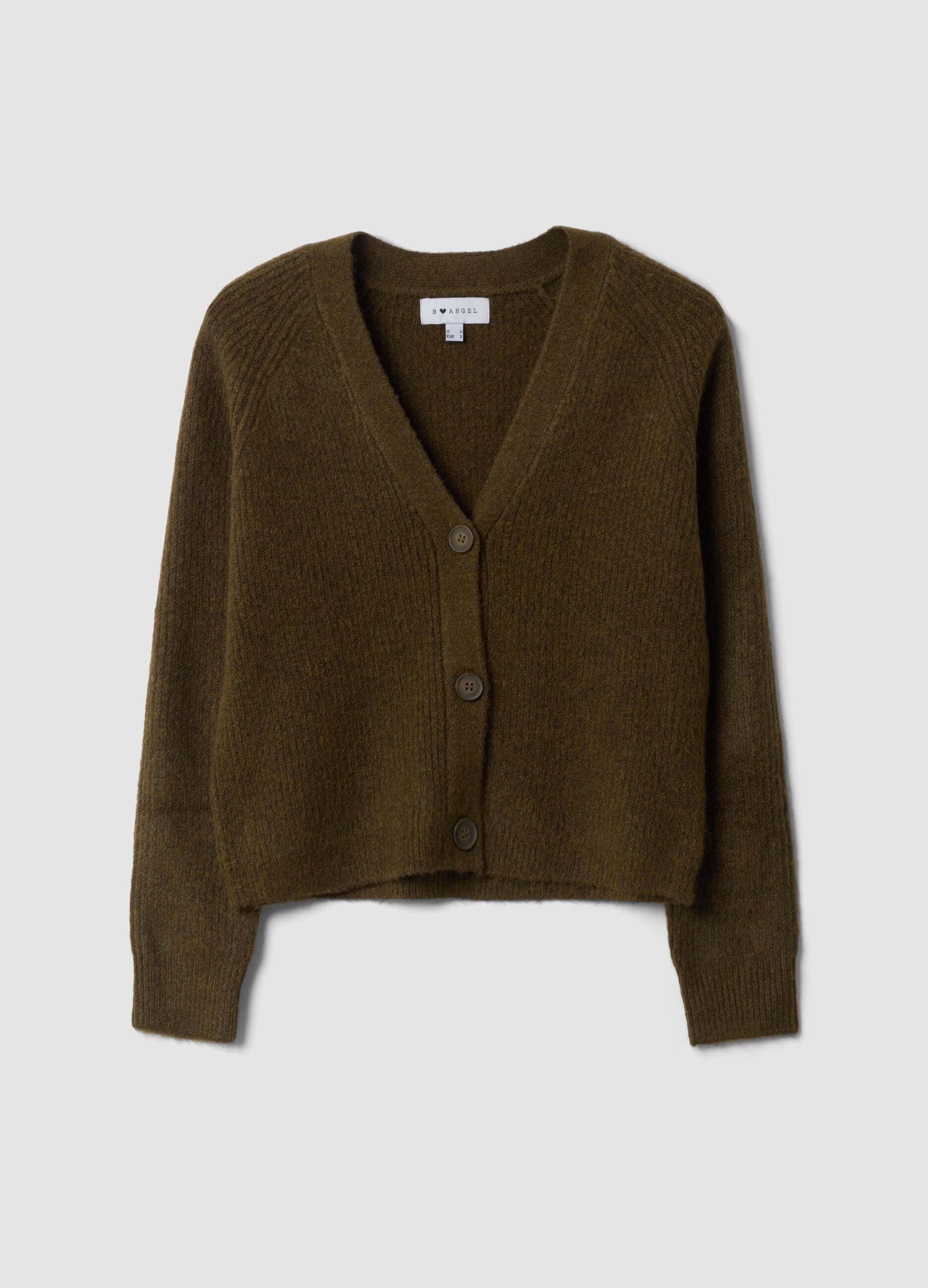 Green stretch wool cardigan with deep V-neck, oversized fit