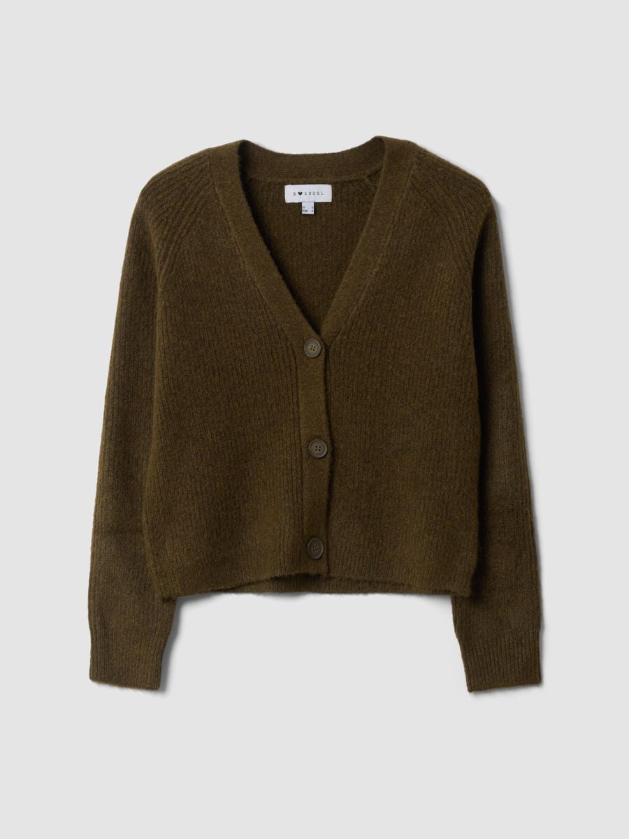 Green stretch wool cardigan with deep V-neck, oversized fit_0