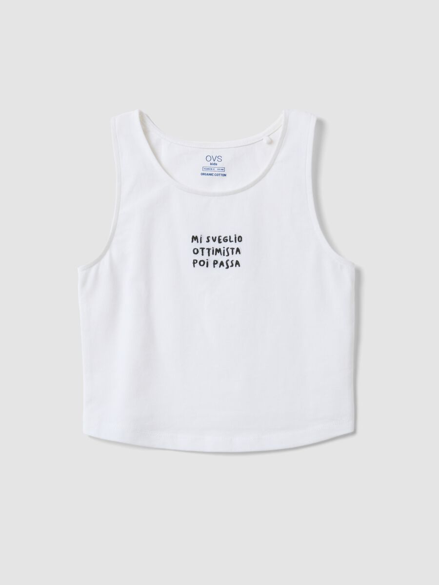 Canotta fitted bianca in cotone elasticizzato da ragazza con ricamo_0