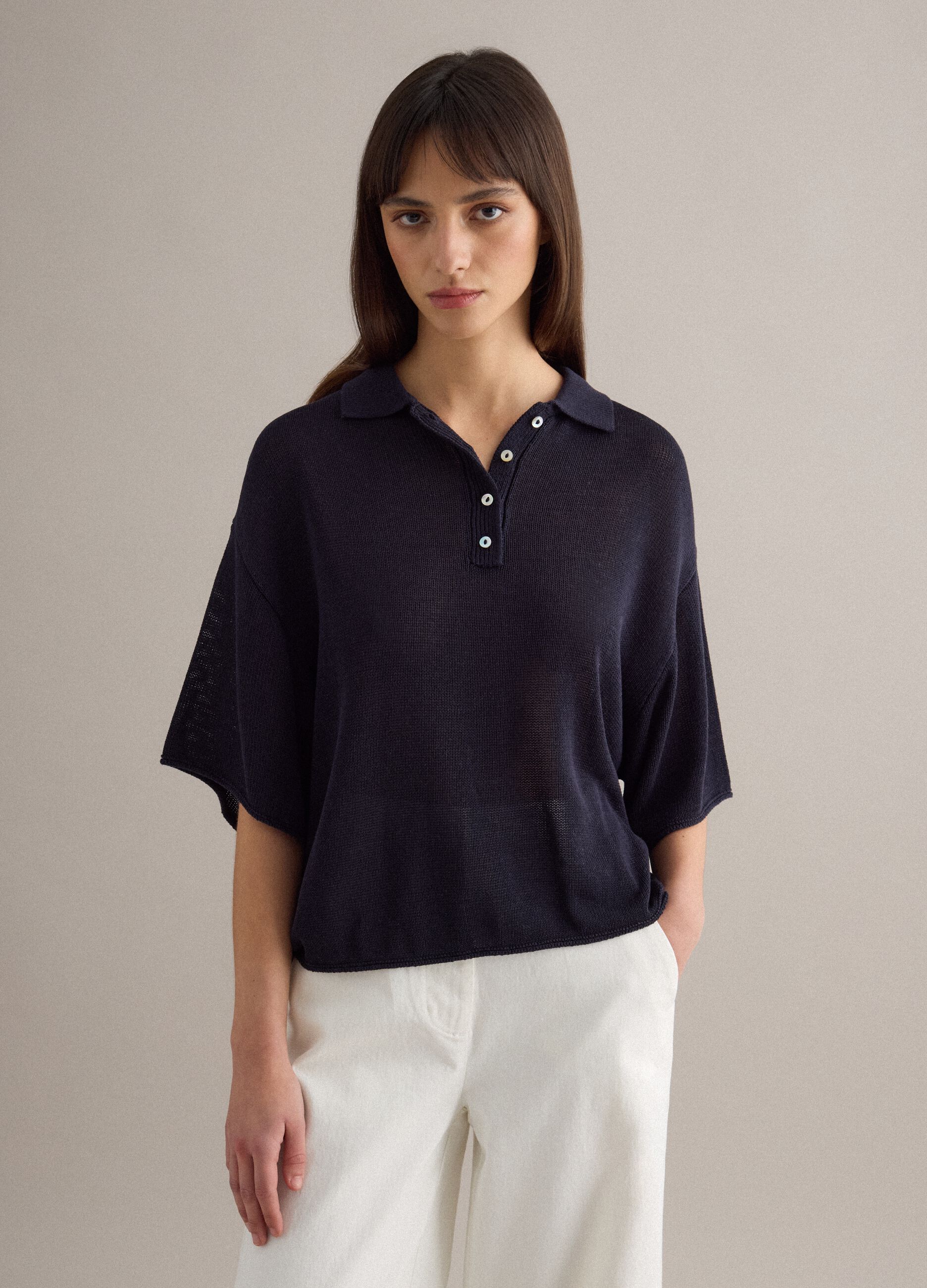 Regular fit blue polo with elbow sleeves