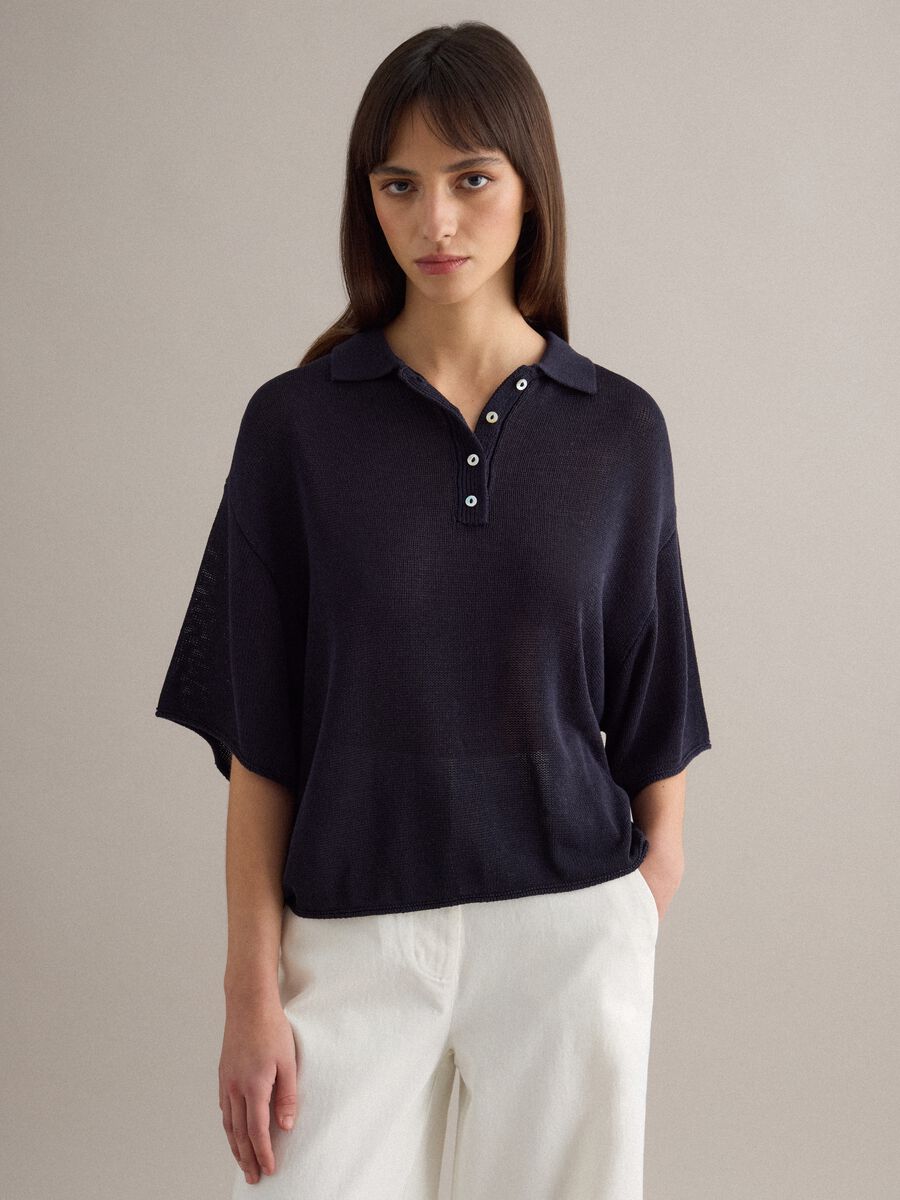 Polo blu regular fit con maniche al gomito_0