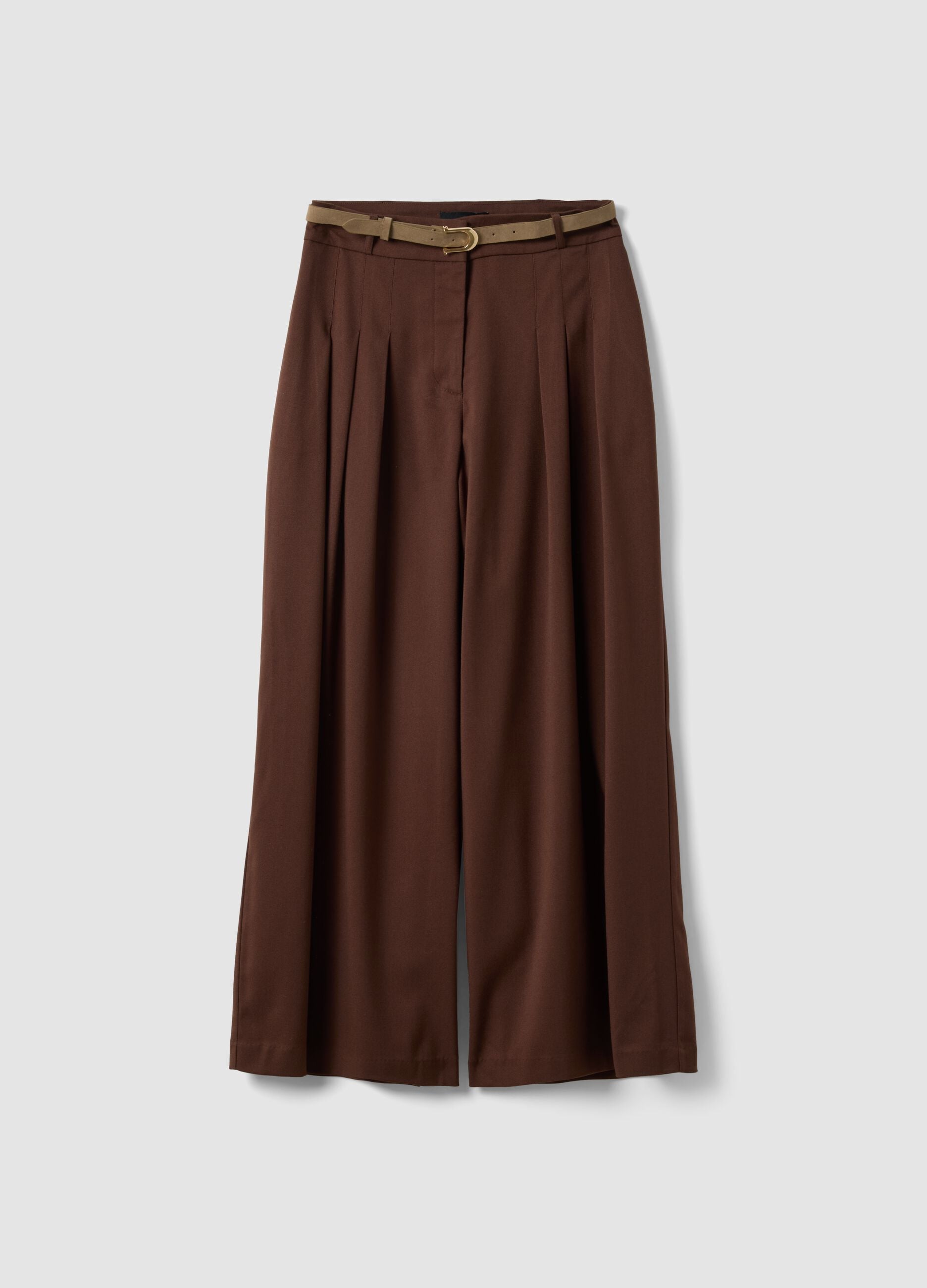 Brown wide-leg formal trousers in stretch viscose with belt