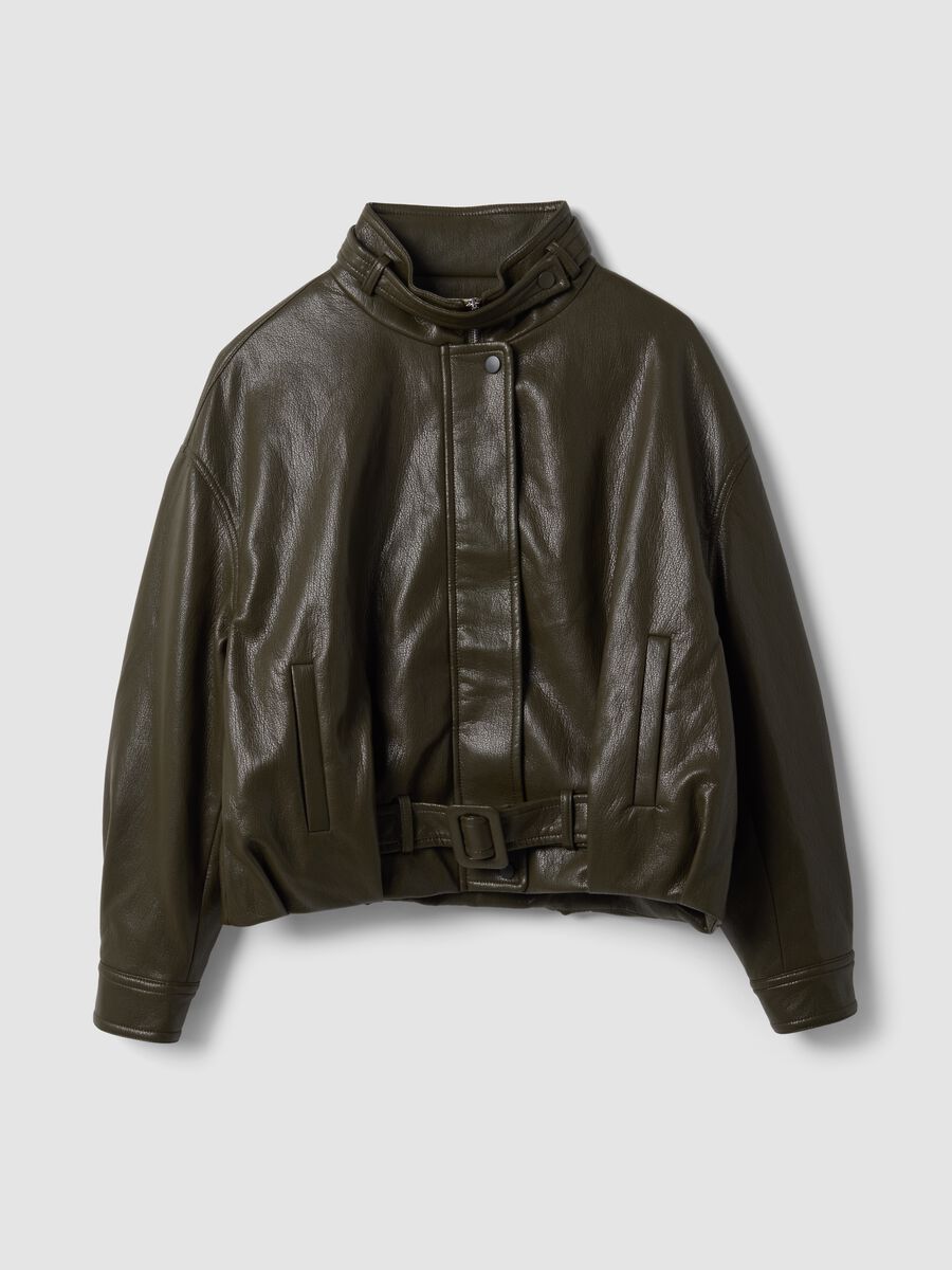 Giubbotto verde in misto viscosa con zip e cintura_0