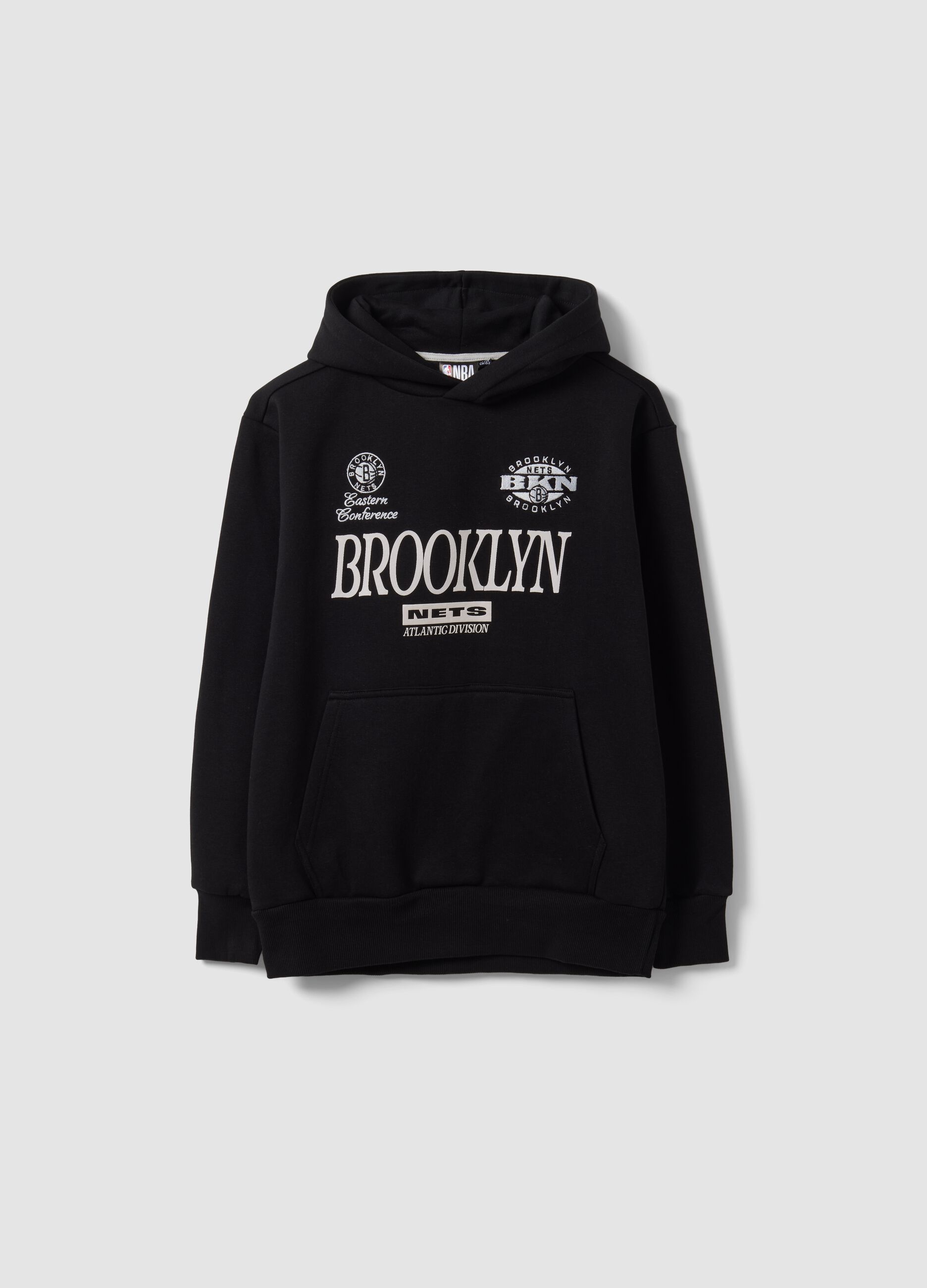 Black cotton-blend hoodie with Brooklyn Nets print for boys