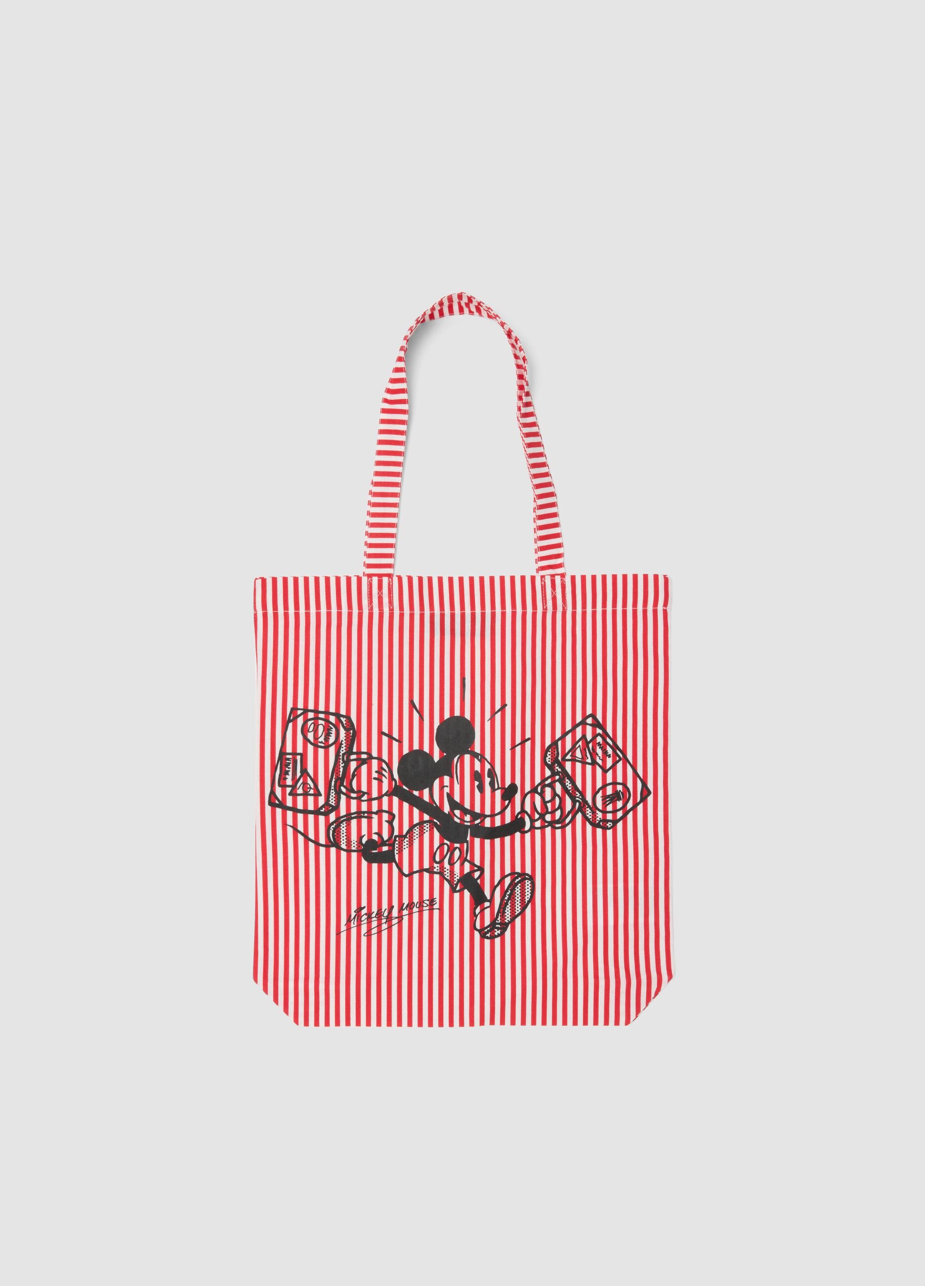 Red and white striped pure cotton tote bag with Mickey Mouse print