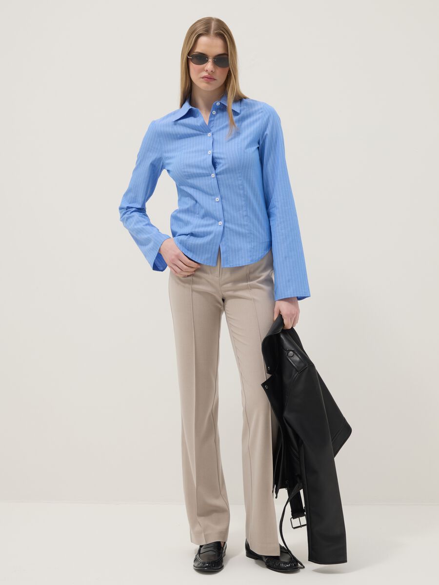 Beige stretch fabric flare fit trousers_0