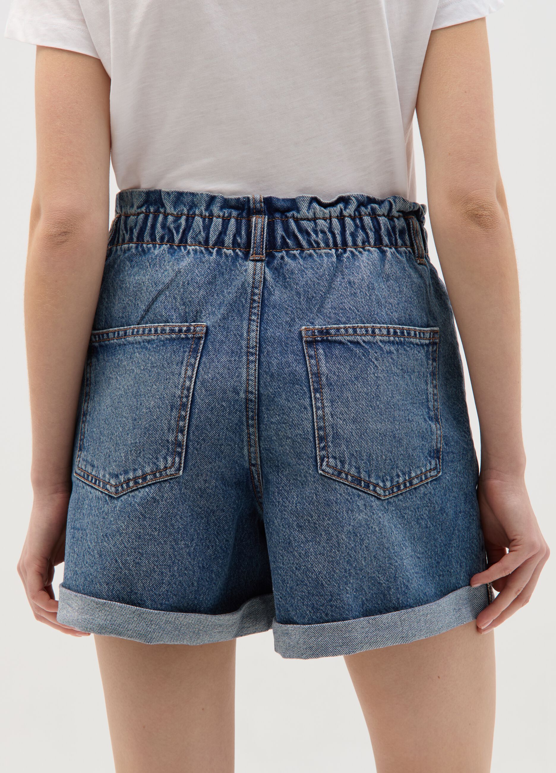 Denim paper bag shorts