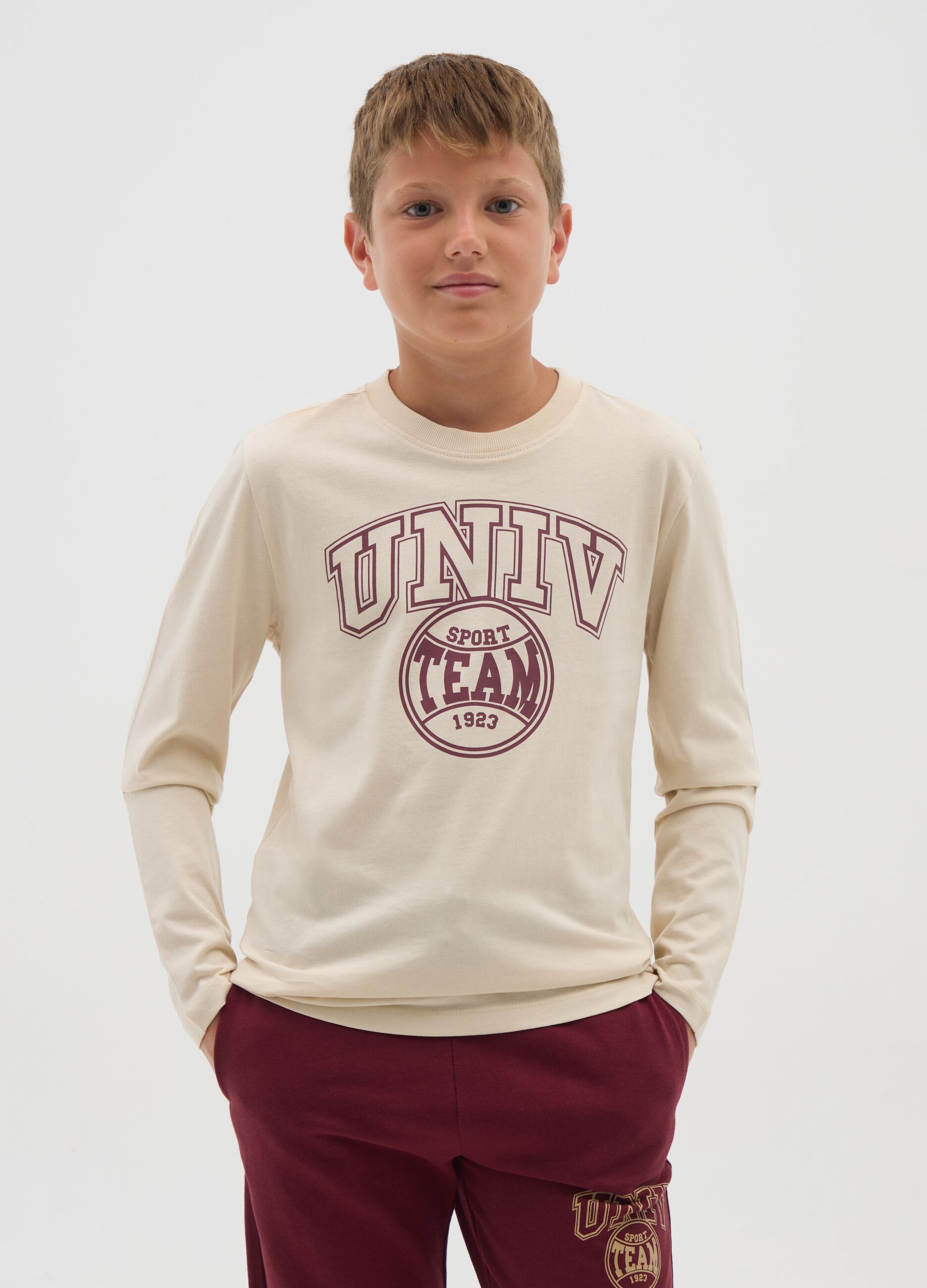 Boys' beige pure cotton regular fit T-shirt