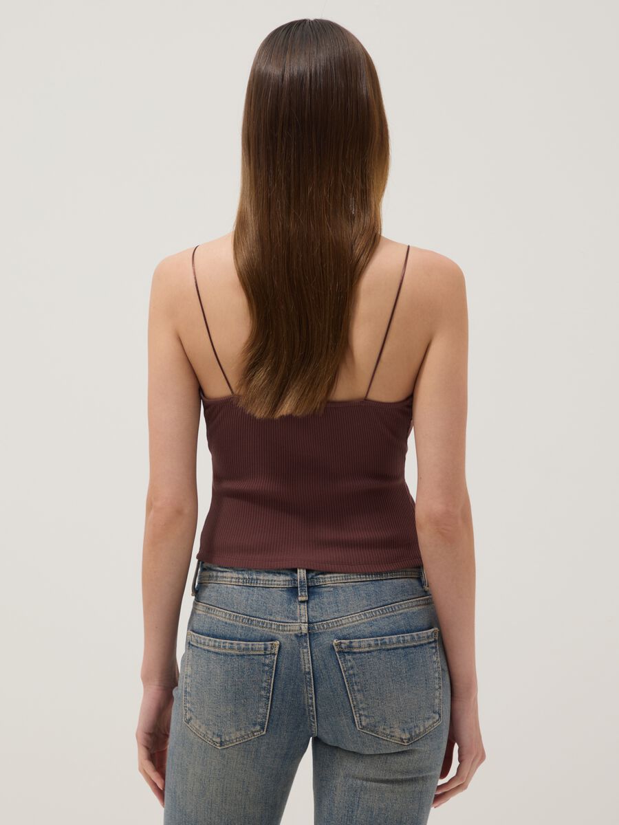Brown stretch cotton fitted top with lace trim_3