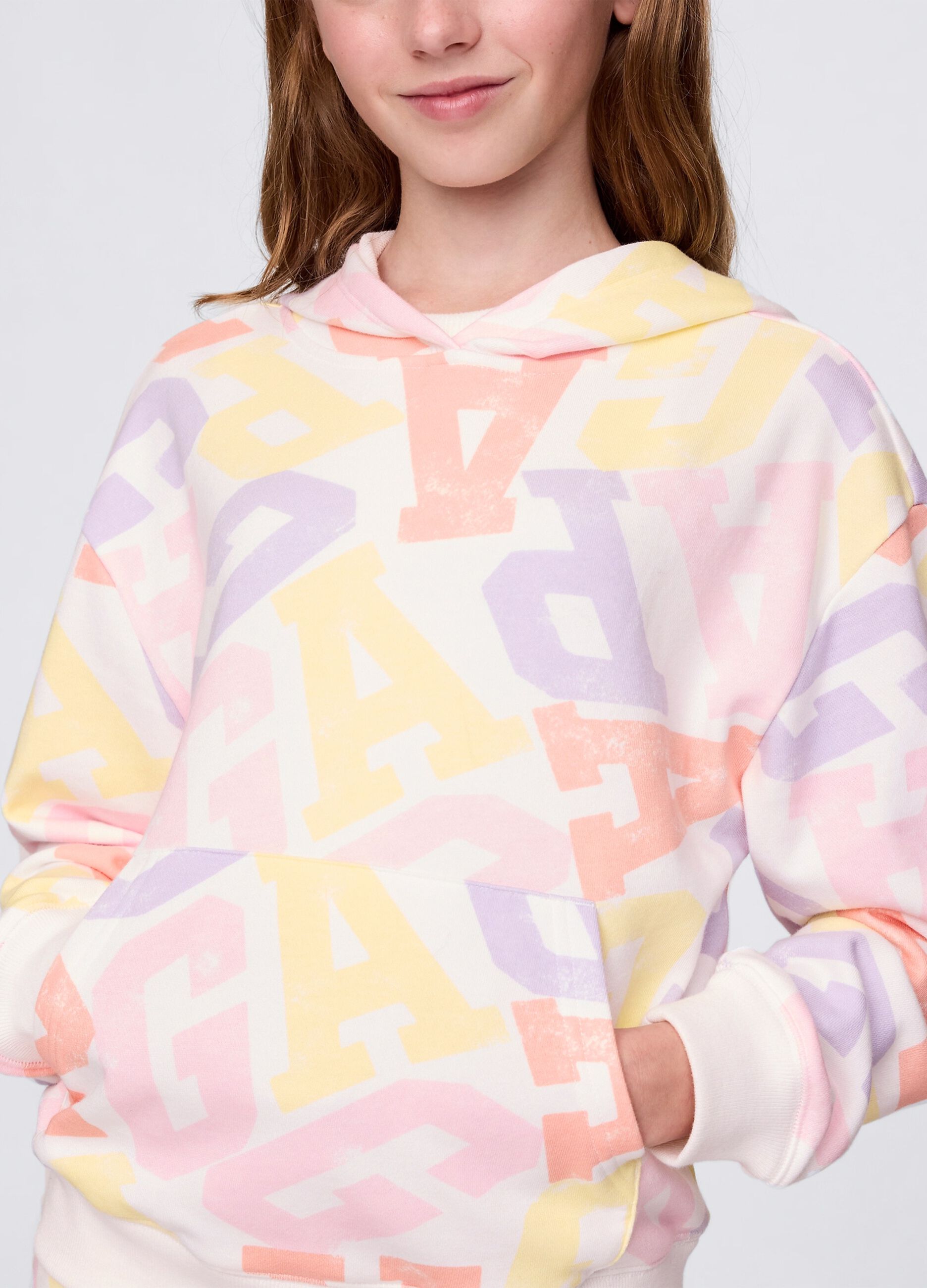 White sweatshirt with hood and logo print