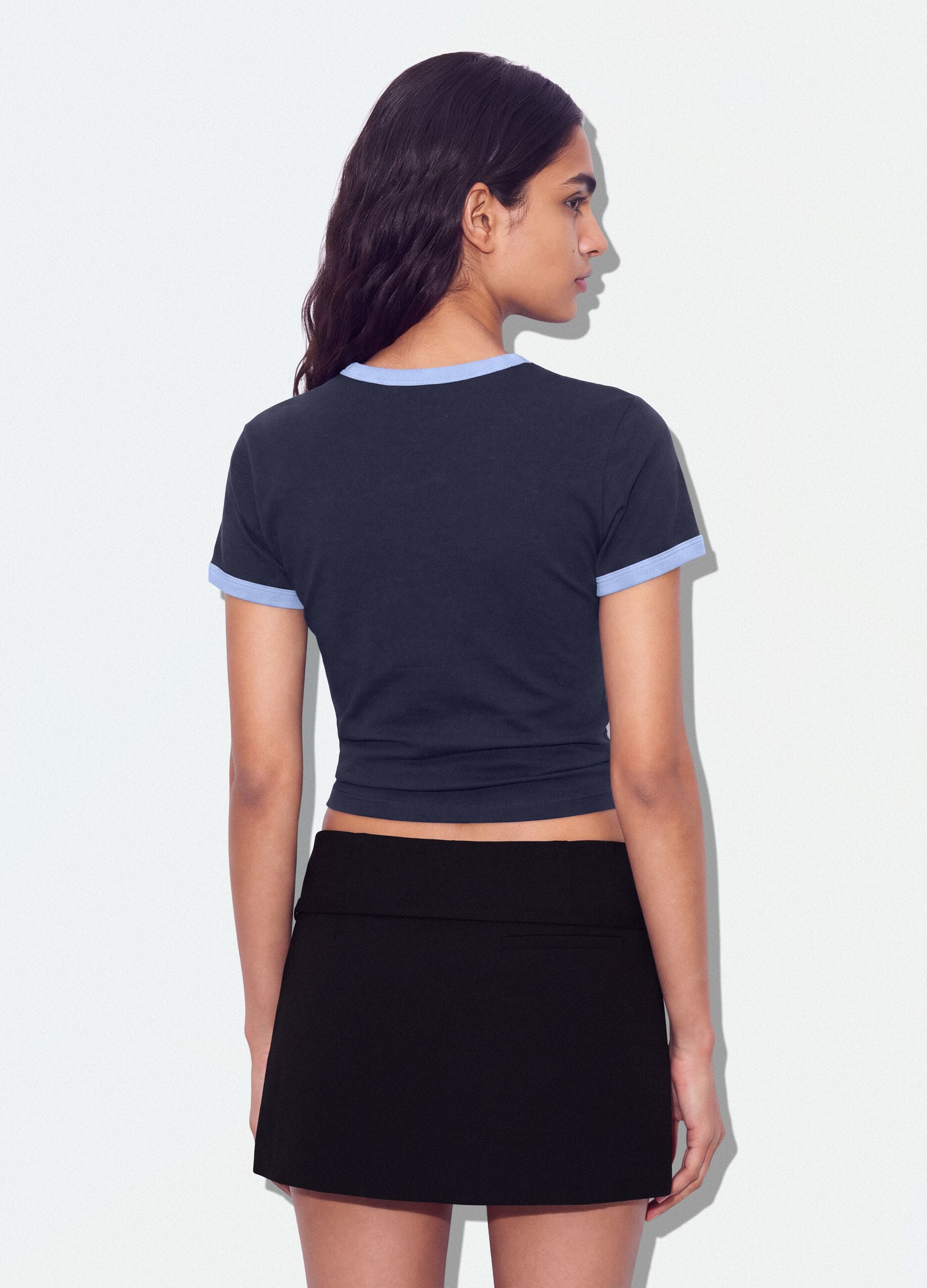 Blue stretch-cotton fitted T-shirt with contrast trims
