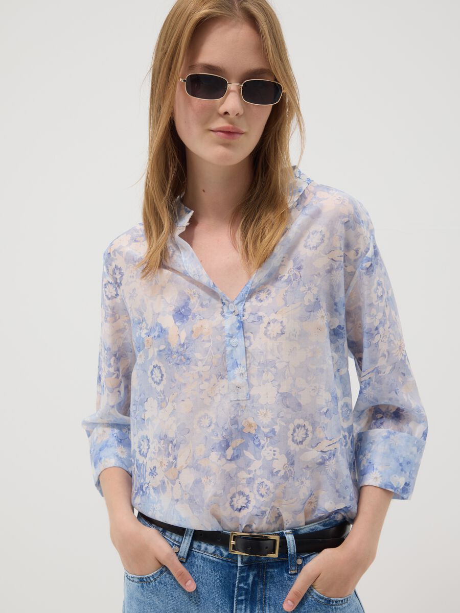 Blue floral lyocell-blend blouse_0
