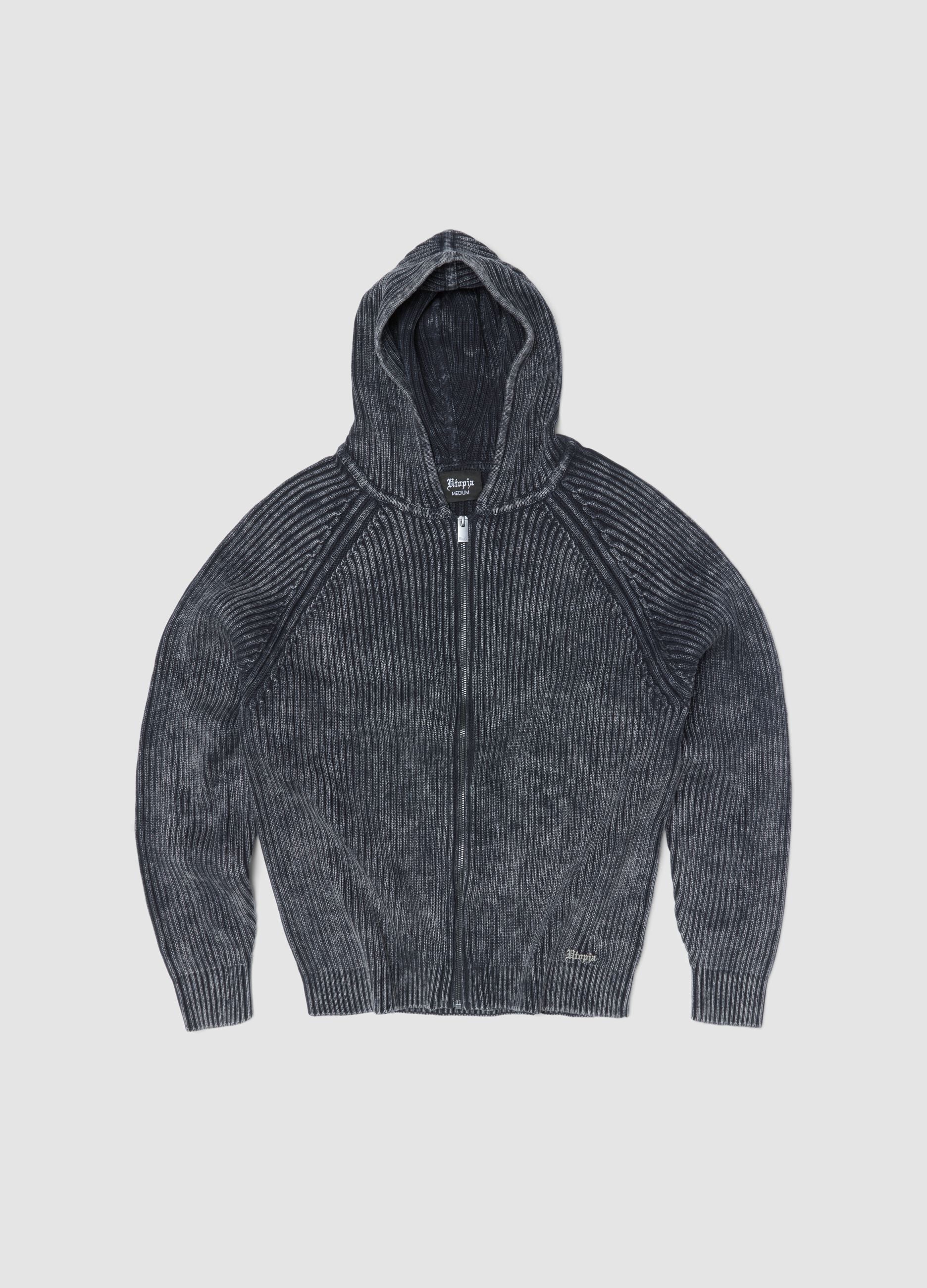 Vintage Grey Ribbed Knit Hoodie