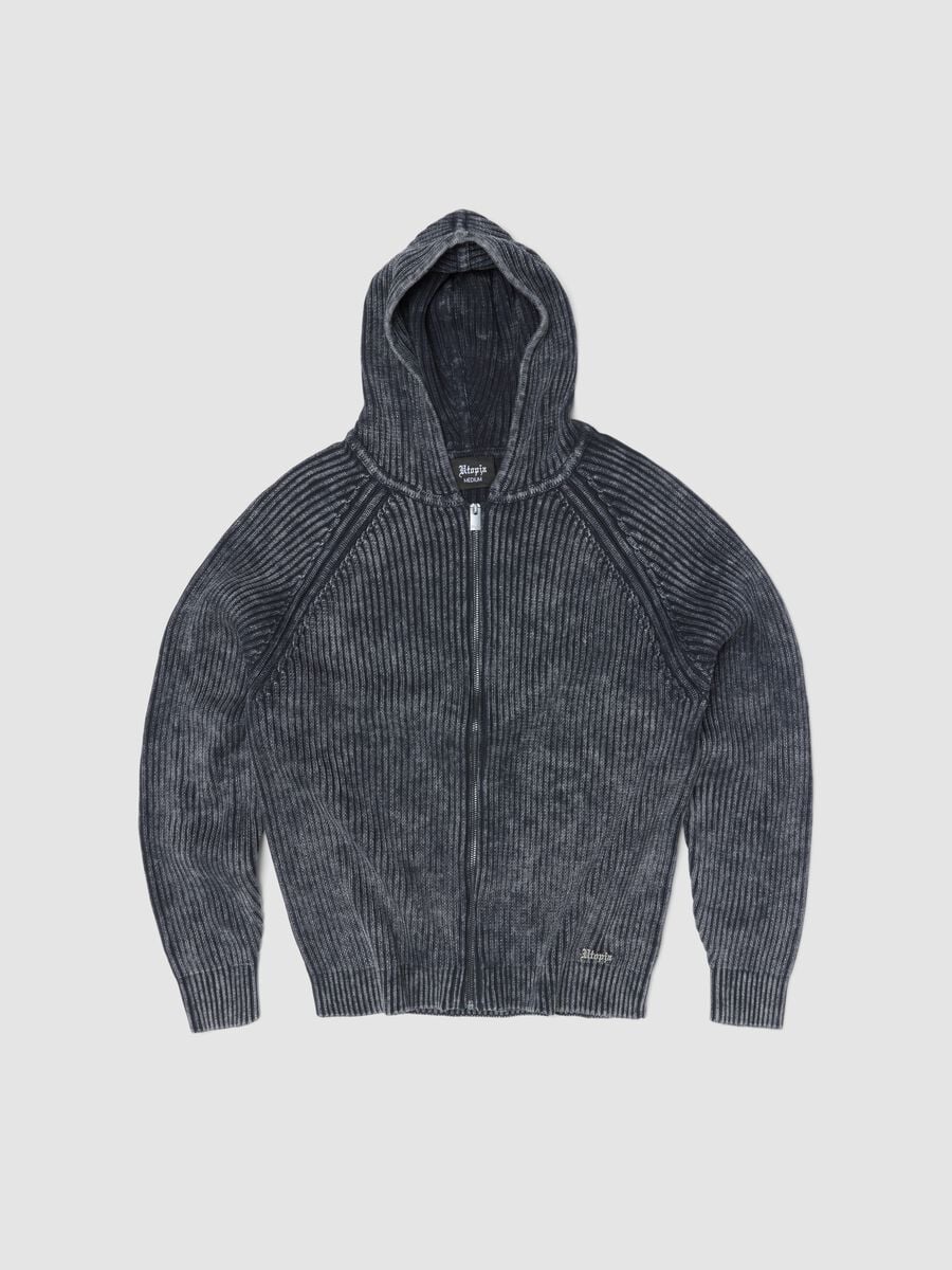 Vintage Grey Ribbed Knit Hoodie_0