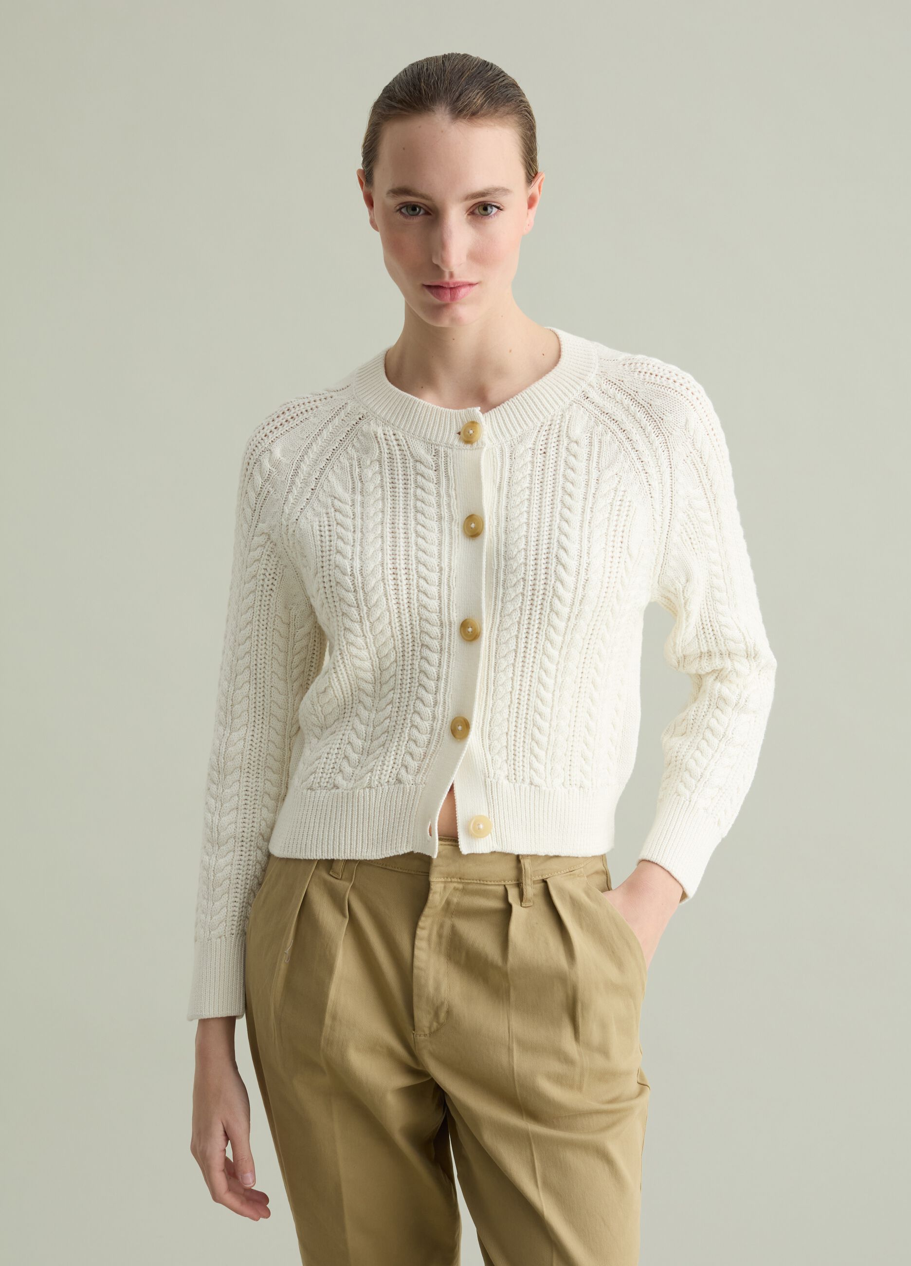 Cotton cardigan with cable-knit weave