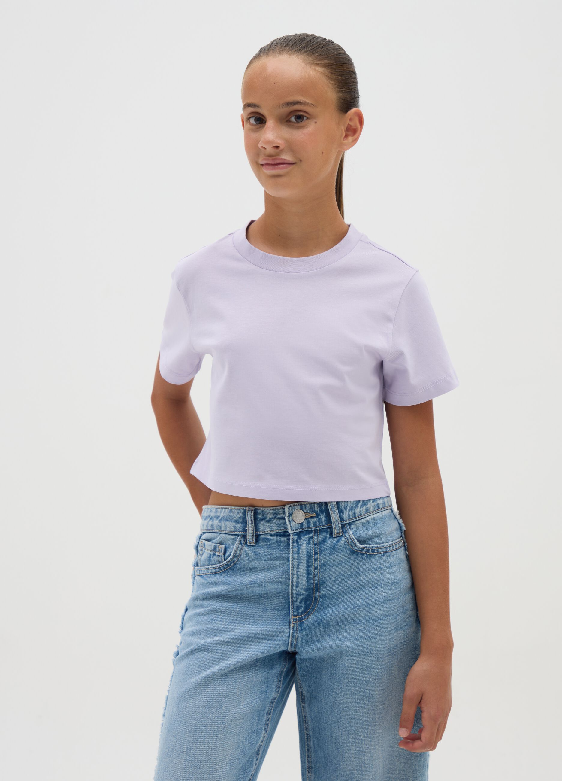 Girls' pure cotton purple crop T-shirt