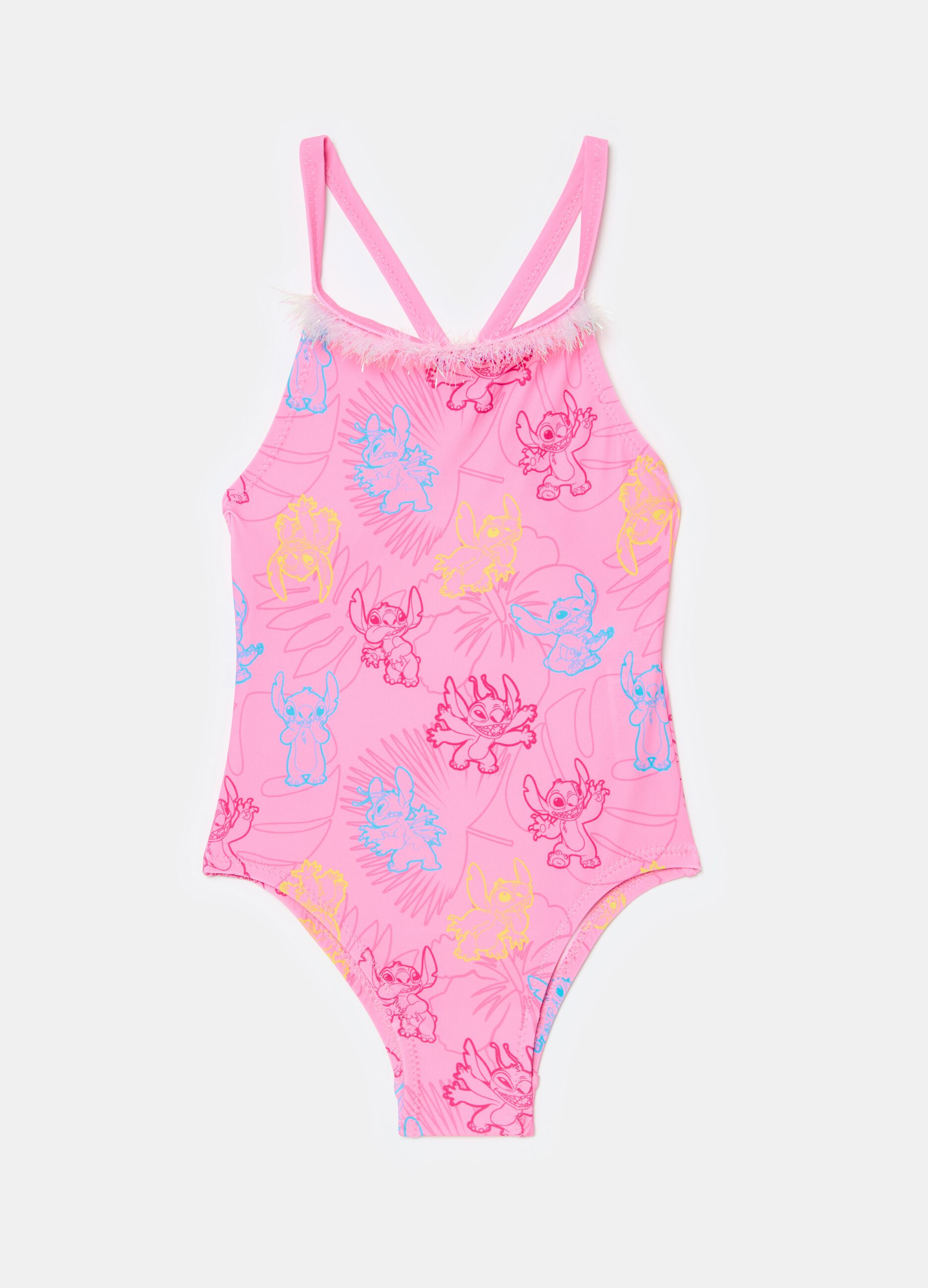One-piece swimsuit with Stitch print and lurex fringing