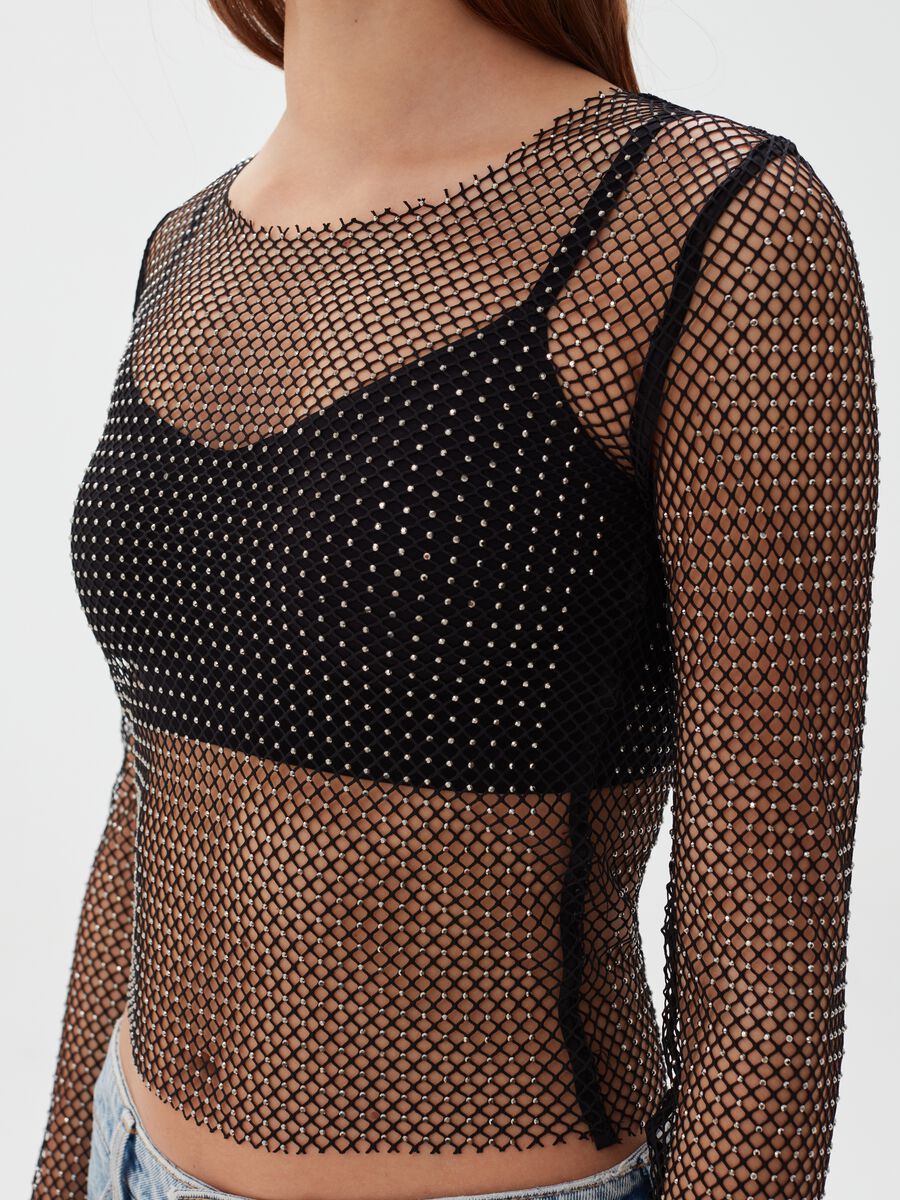 T-shirt a maniche lunghe a rete con strass_3