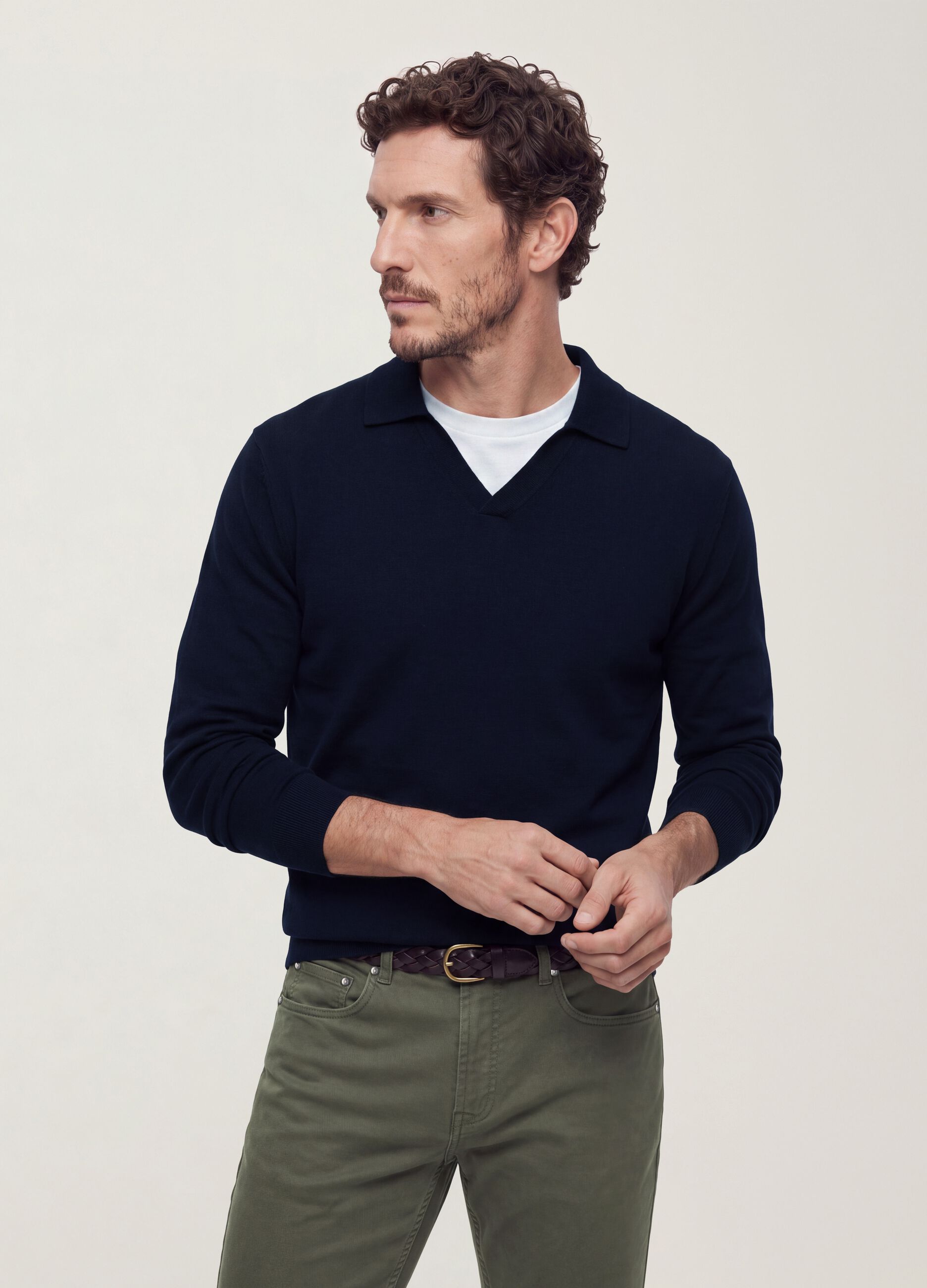 Blue viscose-blend polo with V-neck and collar, regular fit