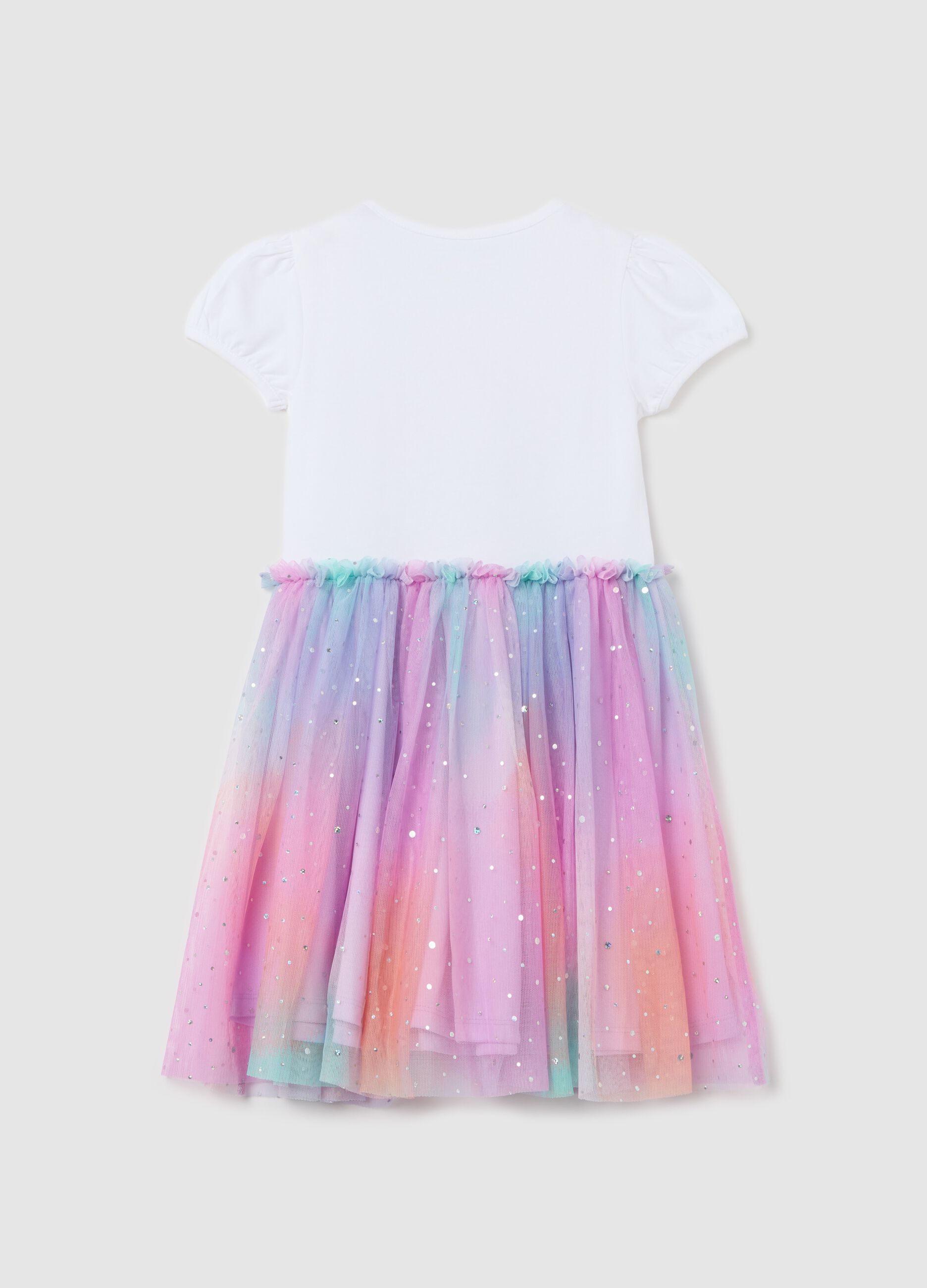 Abito bianco e viola con gonna in tulle stampa Elsa
