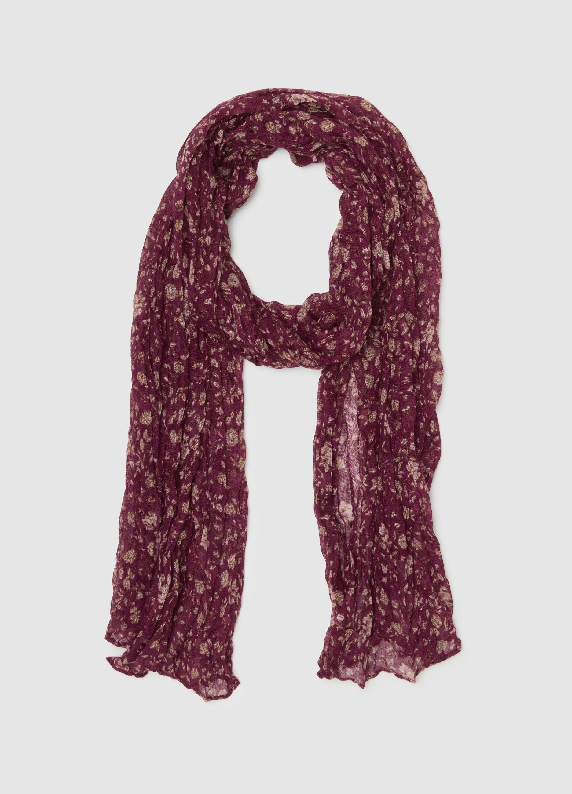 Purple fabric scarf with floral pattern