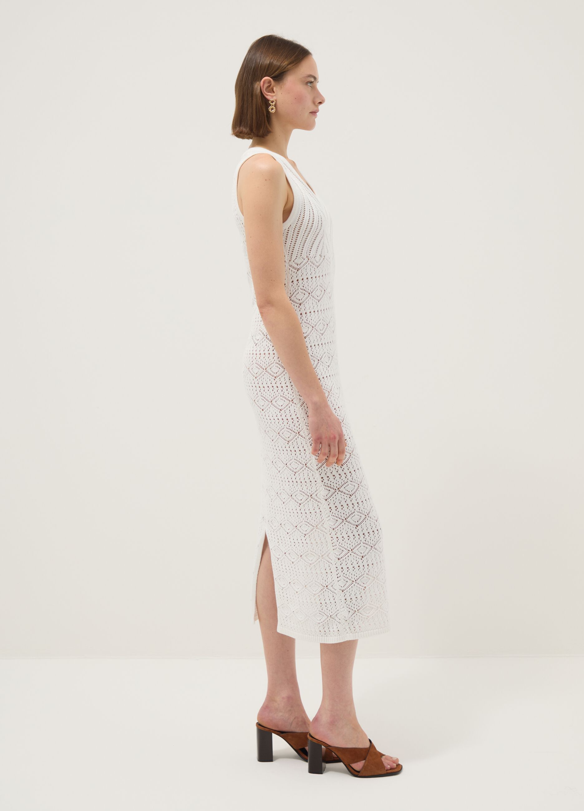 White pure cotton slim-fit dress with broderie detail and deep V-neck