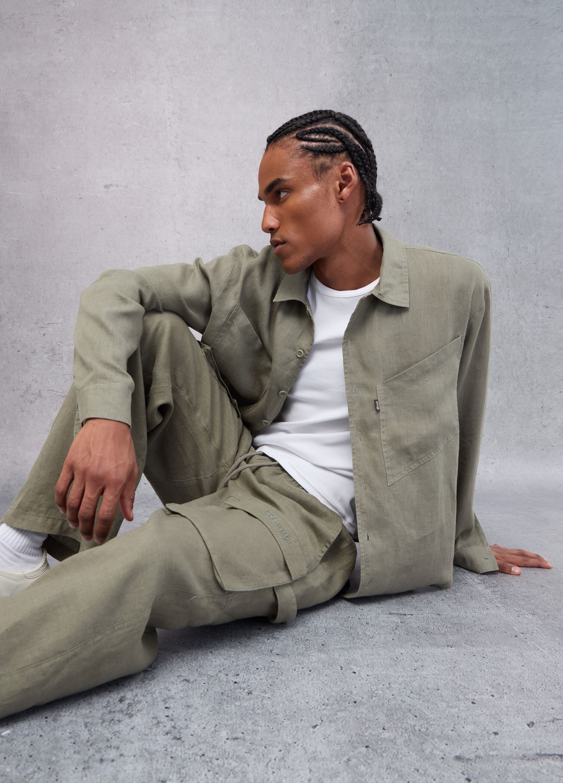 100% Linen Cargo Shirt Military Green 