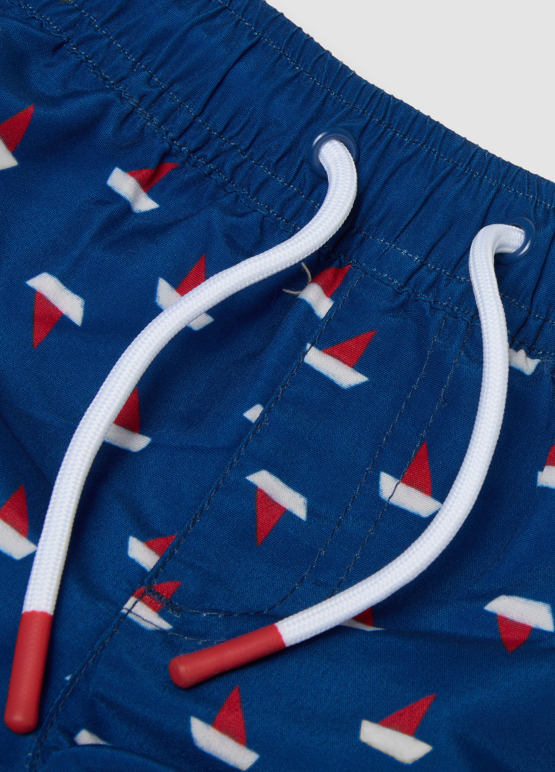 Boys&rsquo; blue boxer swim shorts with little boat print