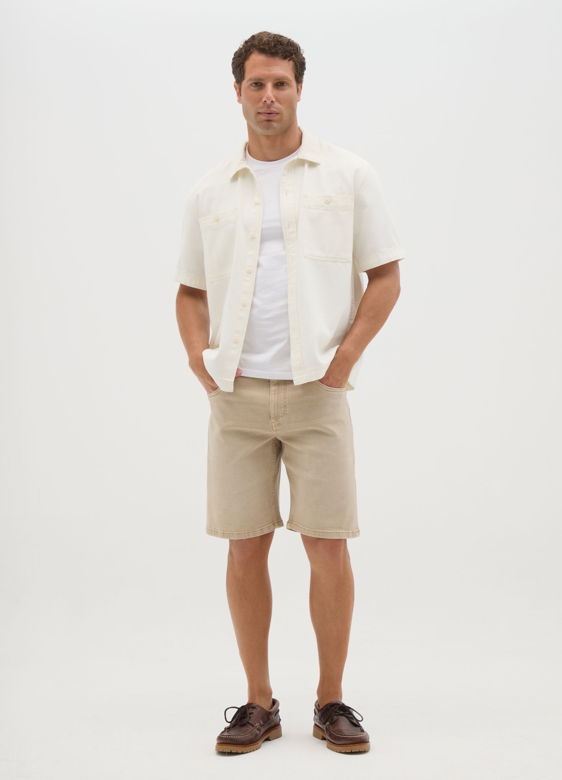 Men's beige denim regular fit shorts
