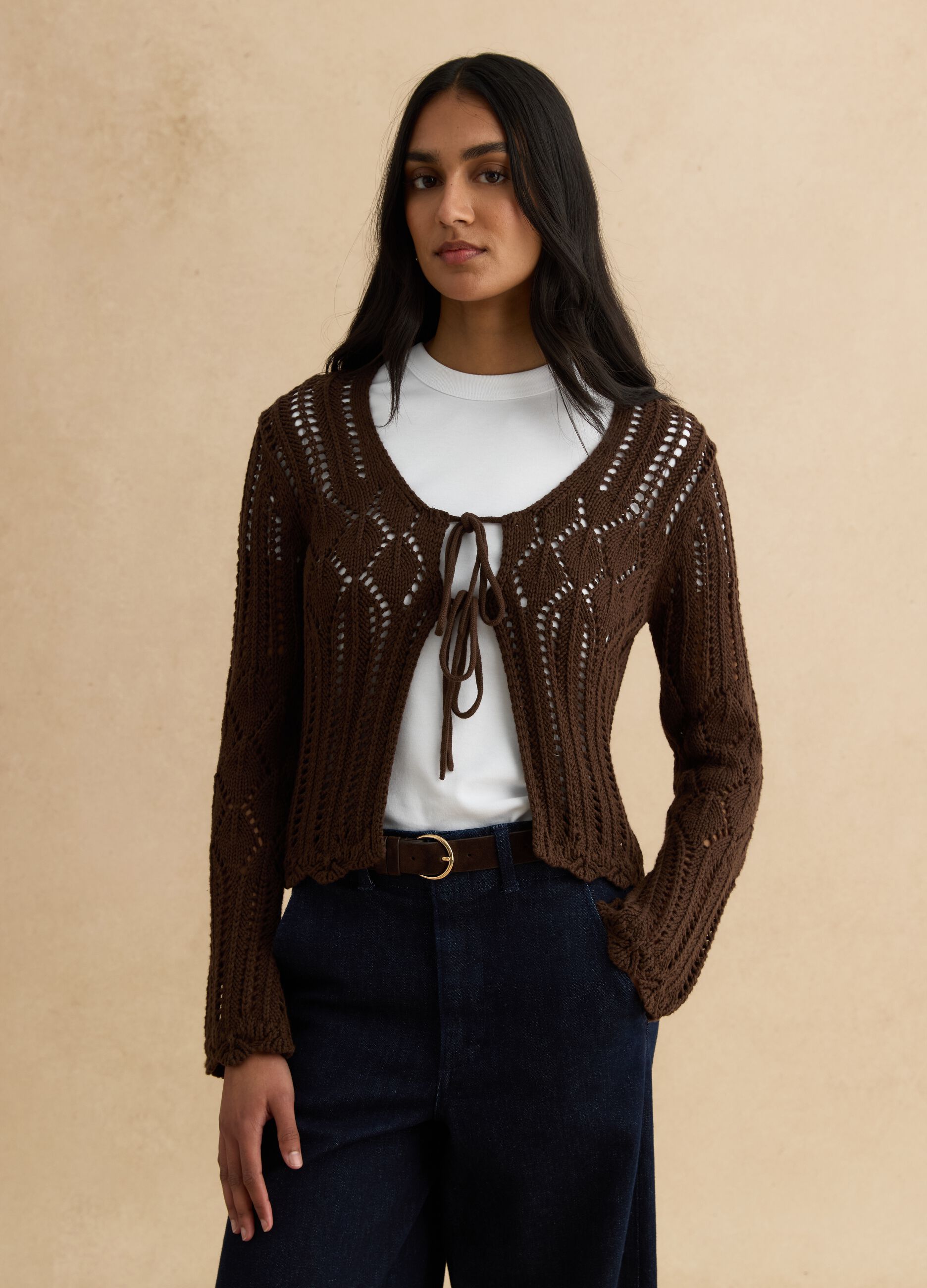 Brown pure cotton regular fit deep V openwork cardigan