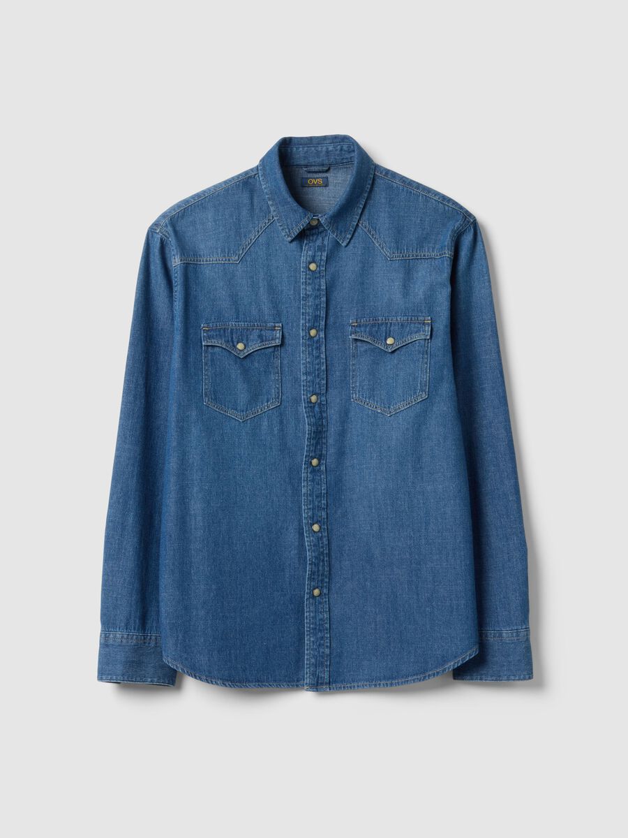 Blue denim regular fit pure cotton shirt with pockets_0