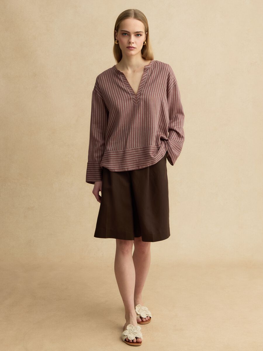 Camicia in misto lino a righe multicolor regular fit con collo coreano_2