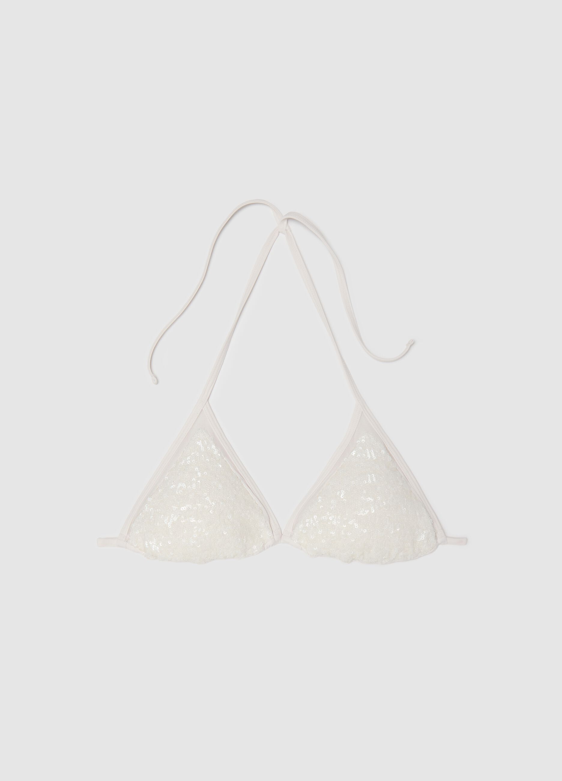 Women’s bikini top in white stretch fabric with sequins