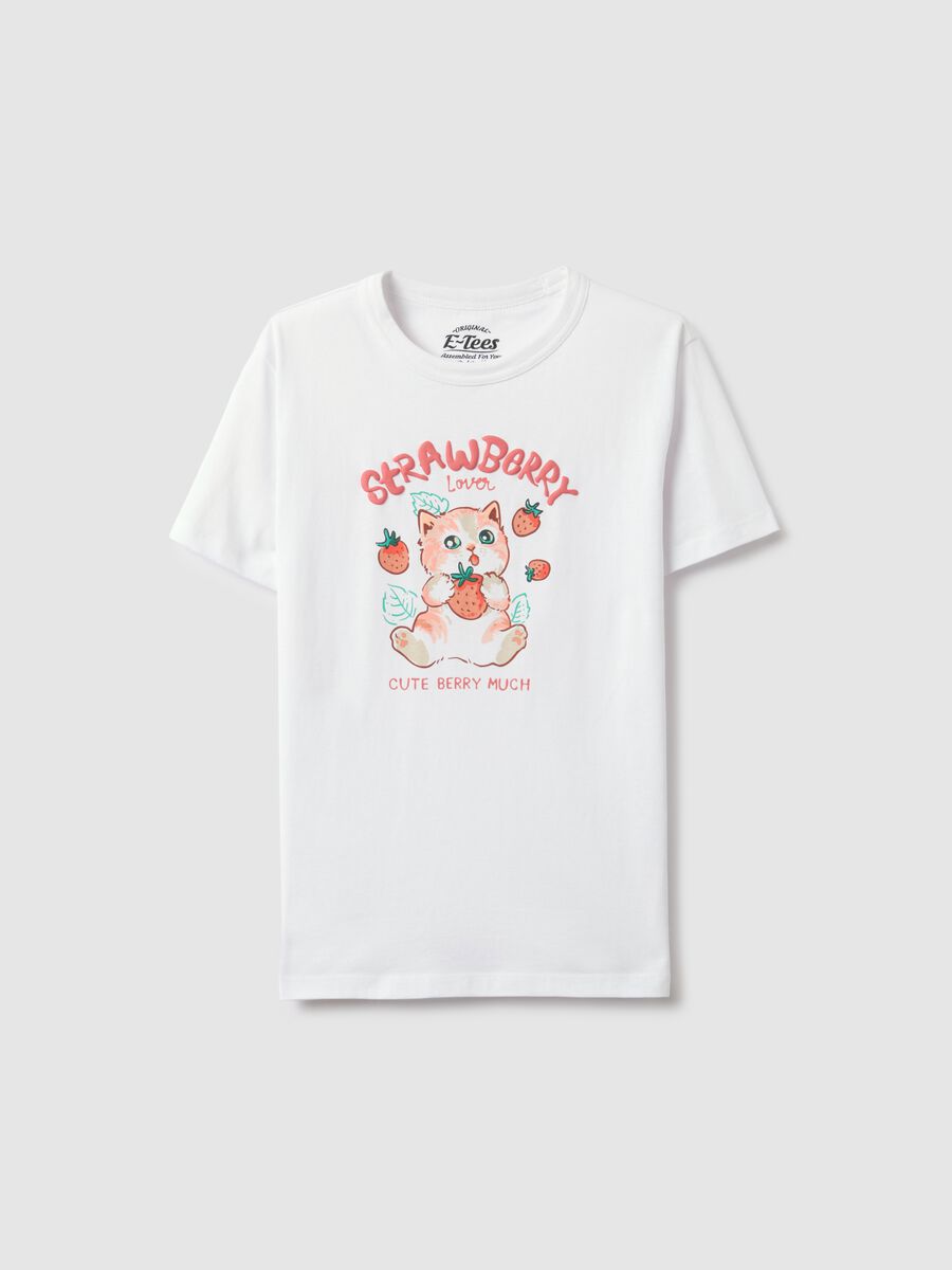 White pure cotton T-shirt regular fit with cat and strawberries print_4