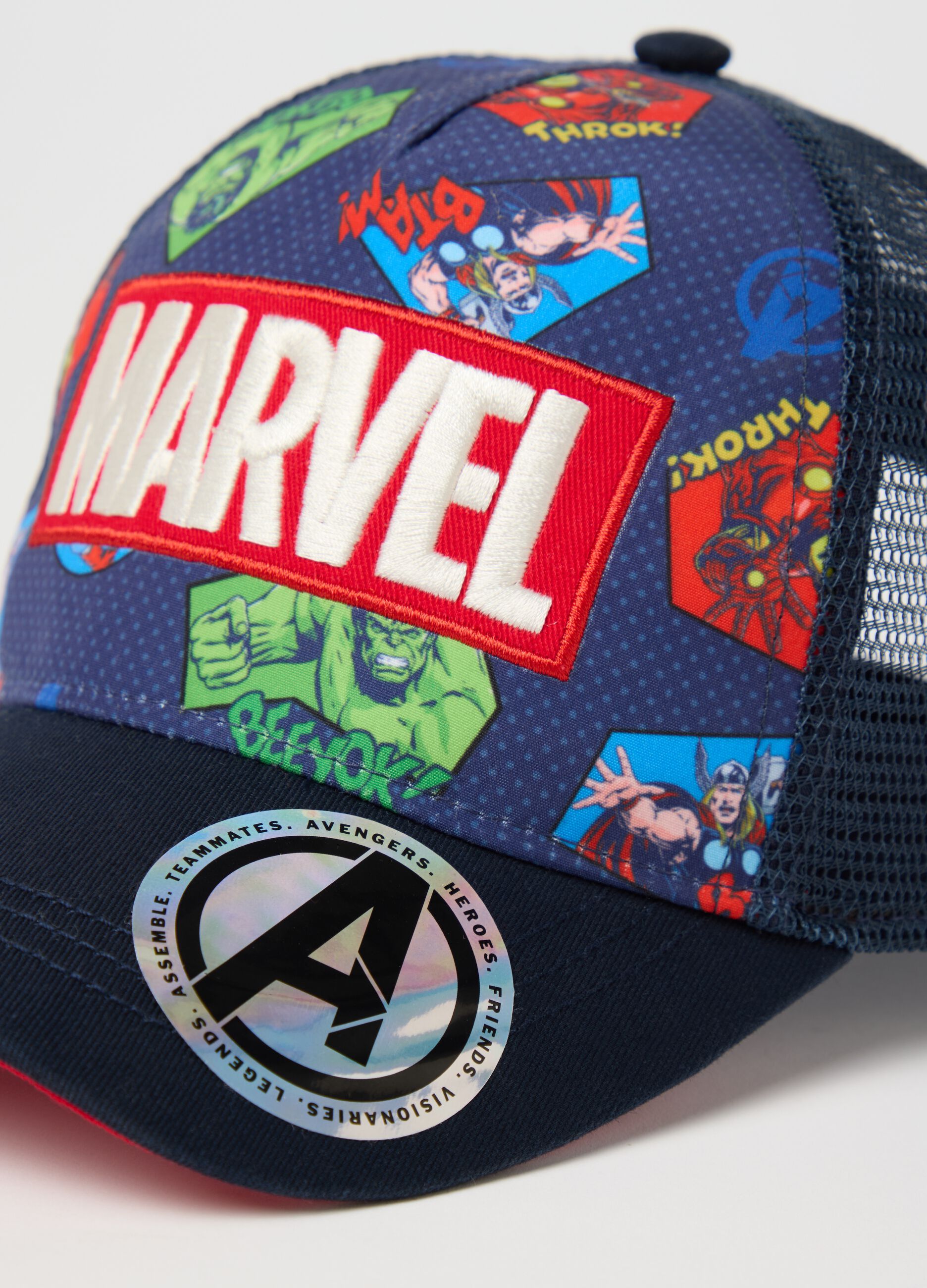 Blue baseball cap with superheroes print