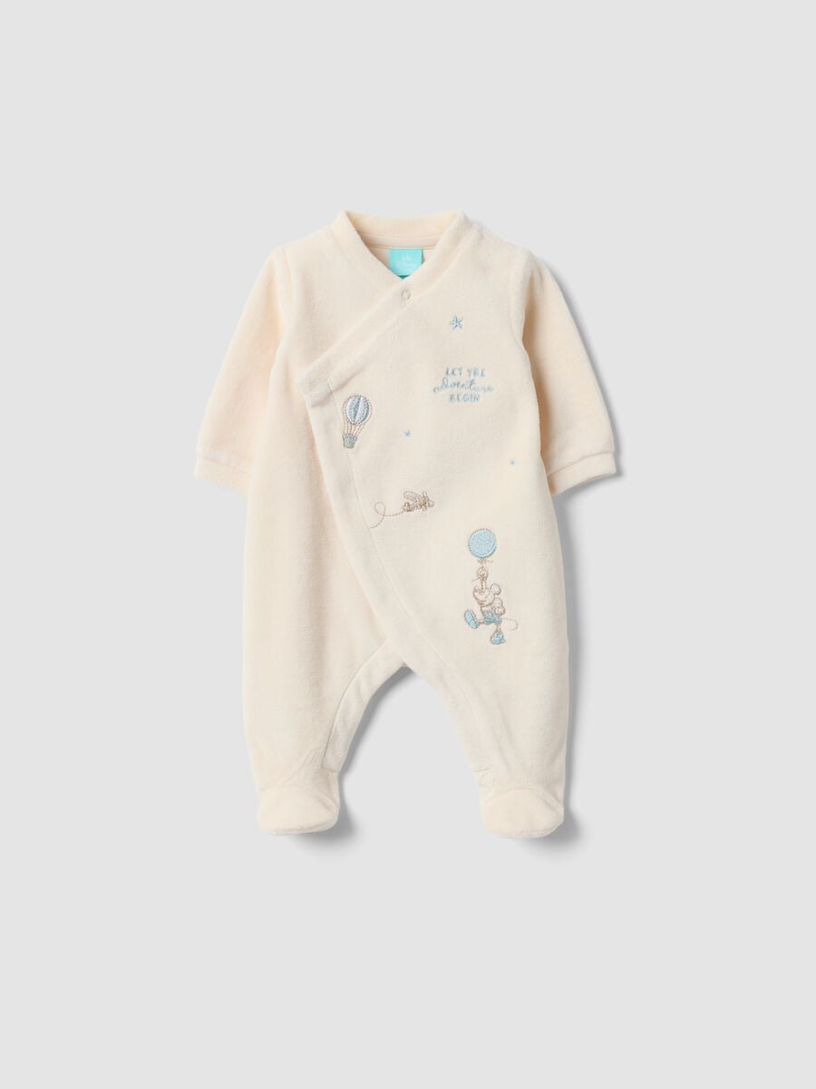 Tutina intera beige in misto cotone organico con ricamo Mickey per neonato_0