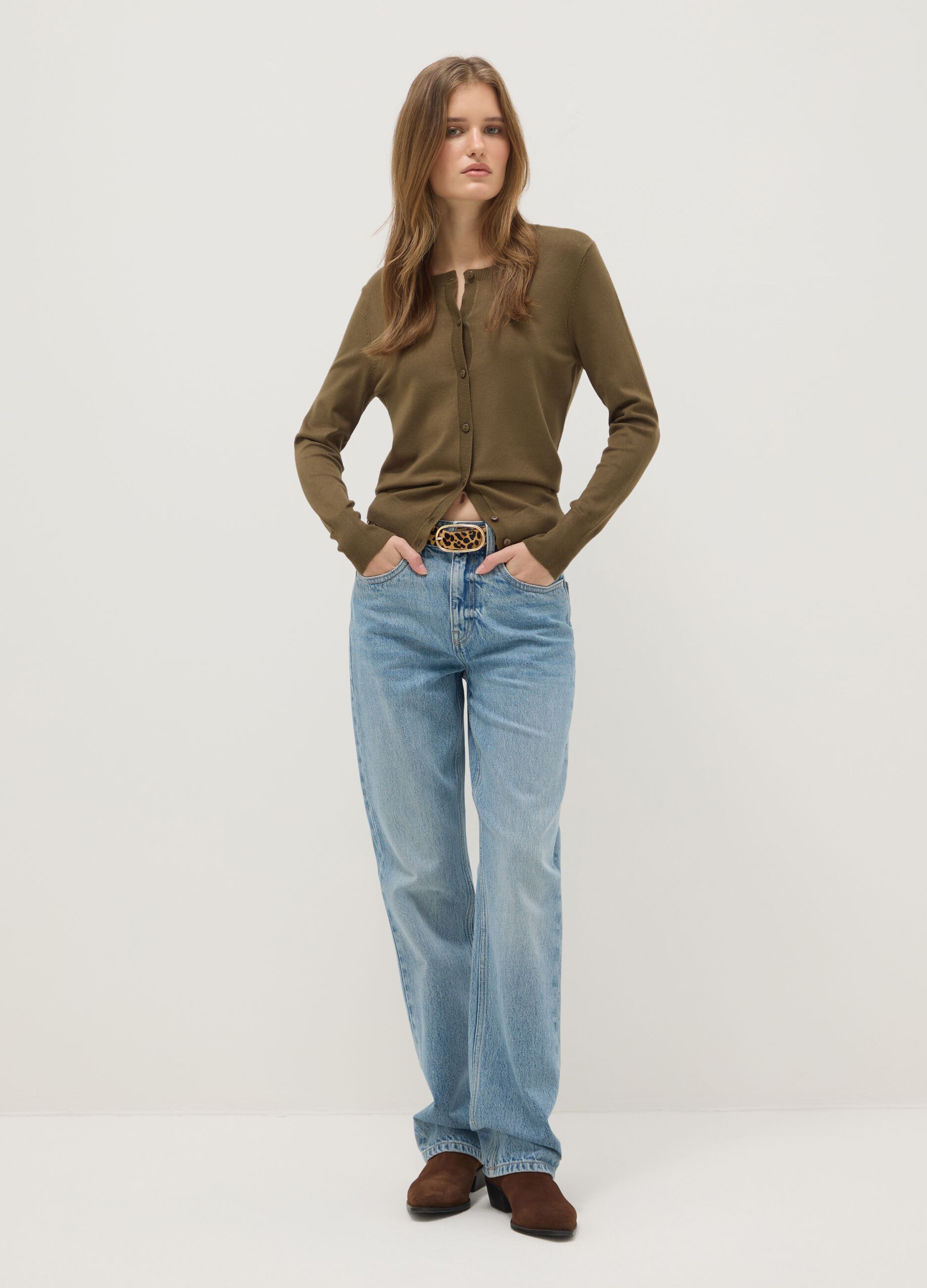 Green Crewneck Cardigan Regular Fit