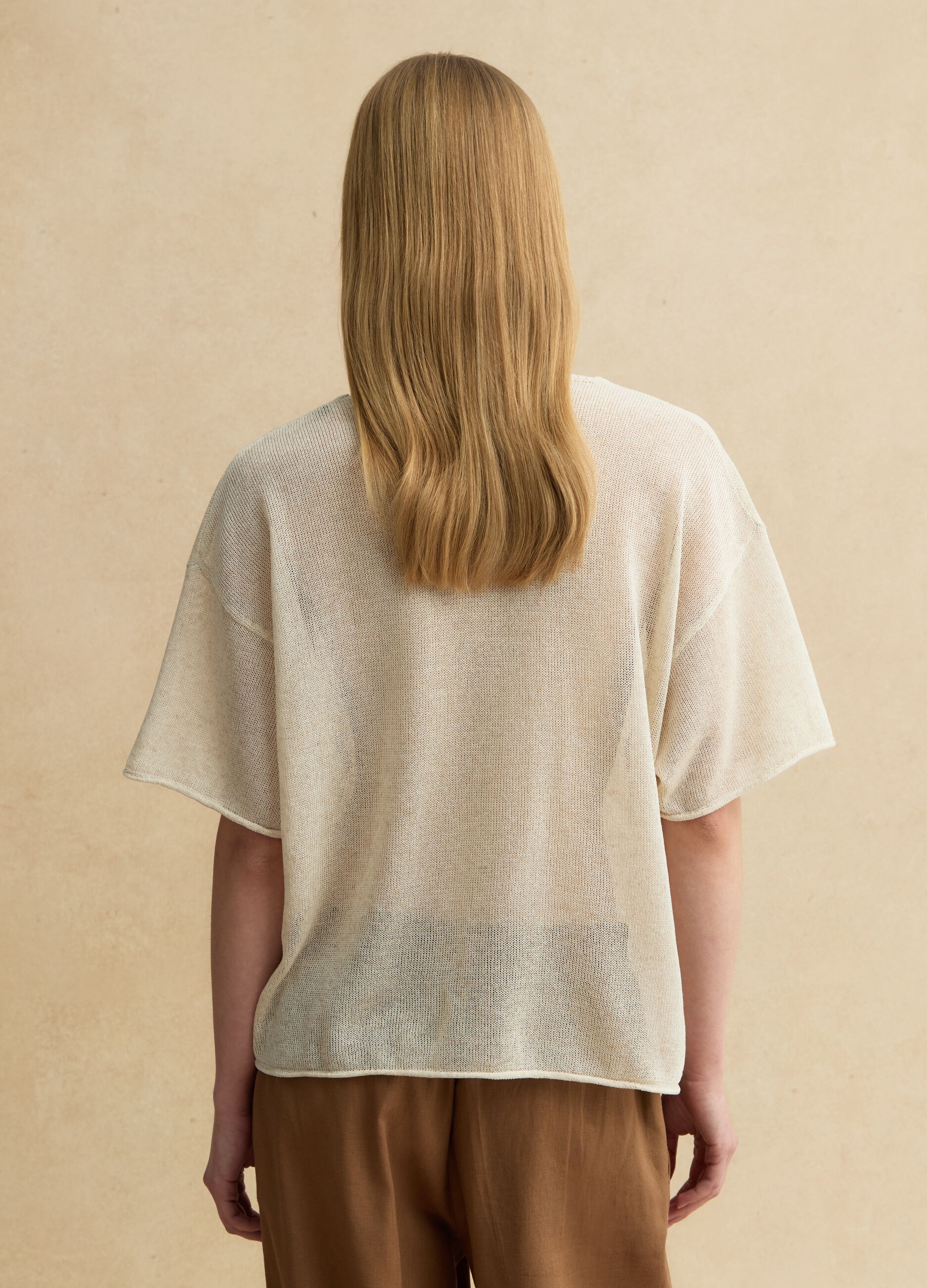 Oversized beige lyocell and linen blend jumper with V-neck