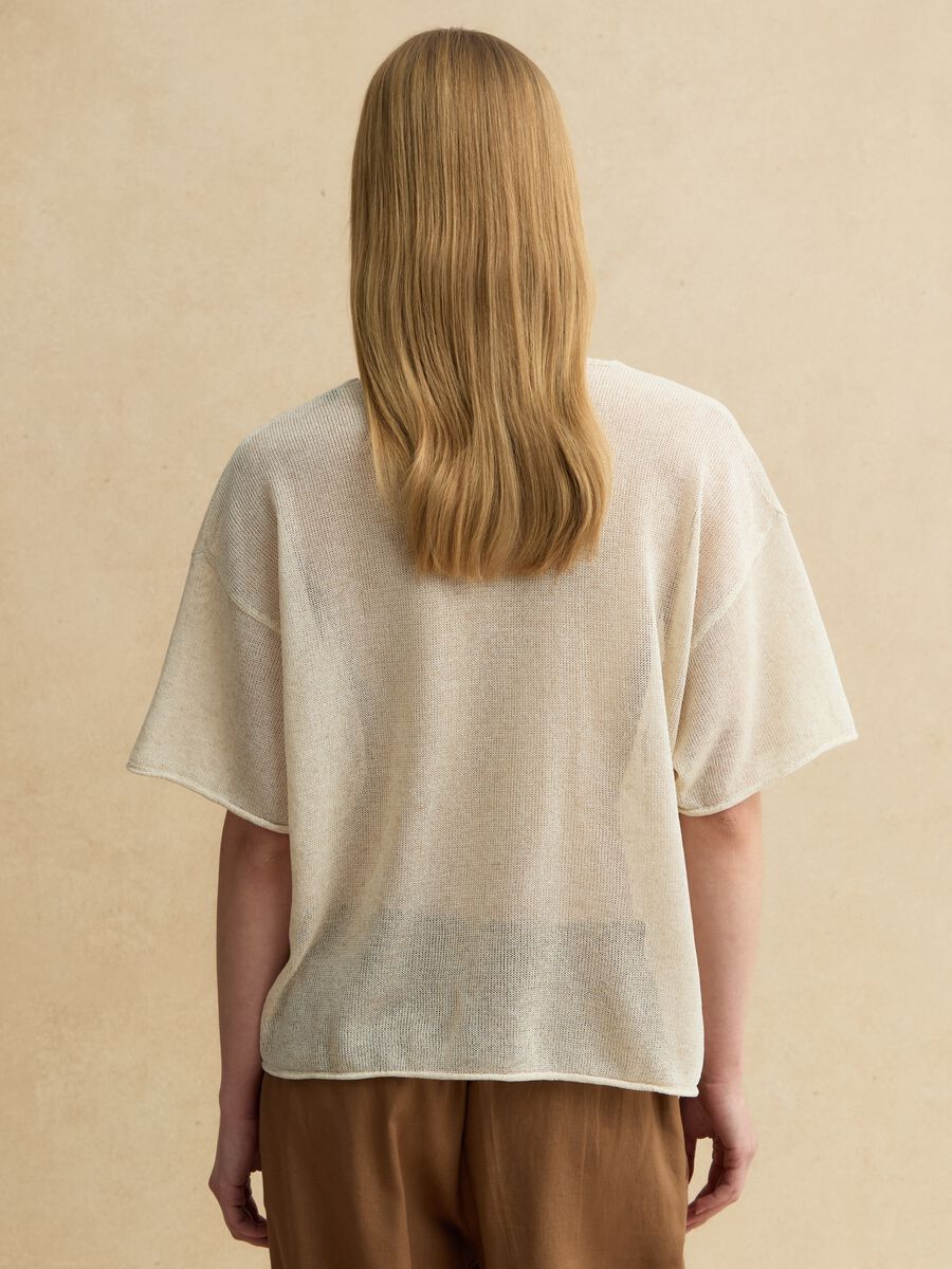 Maglia in misto lyocell e lino beige oversize fit con scollo a V_3