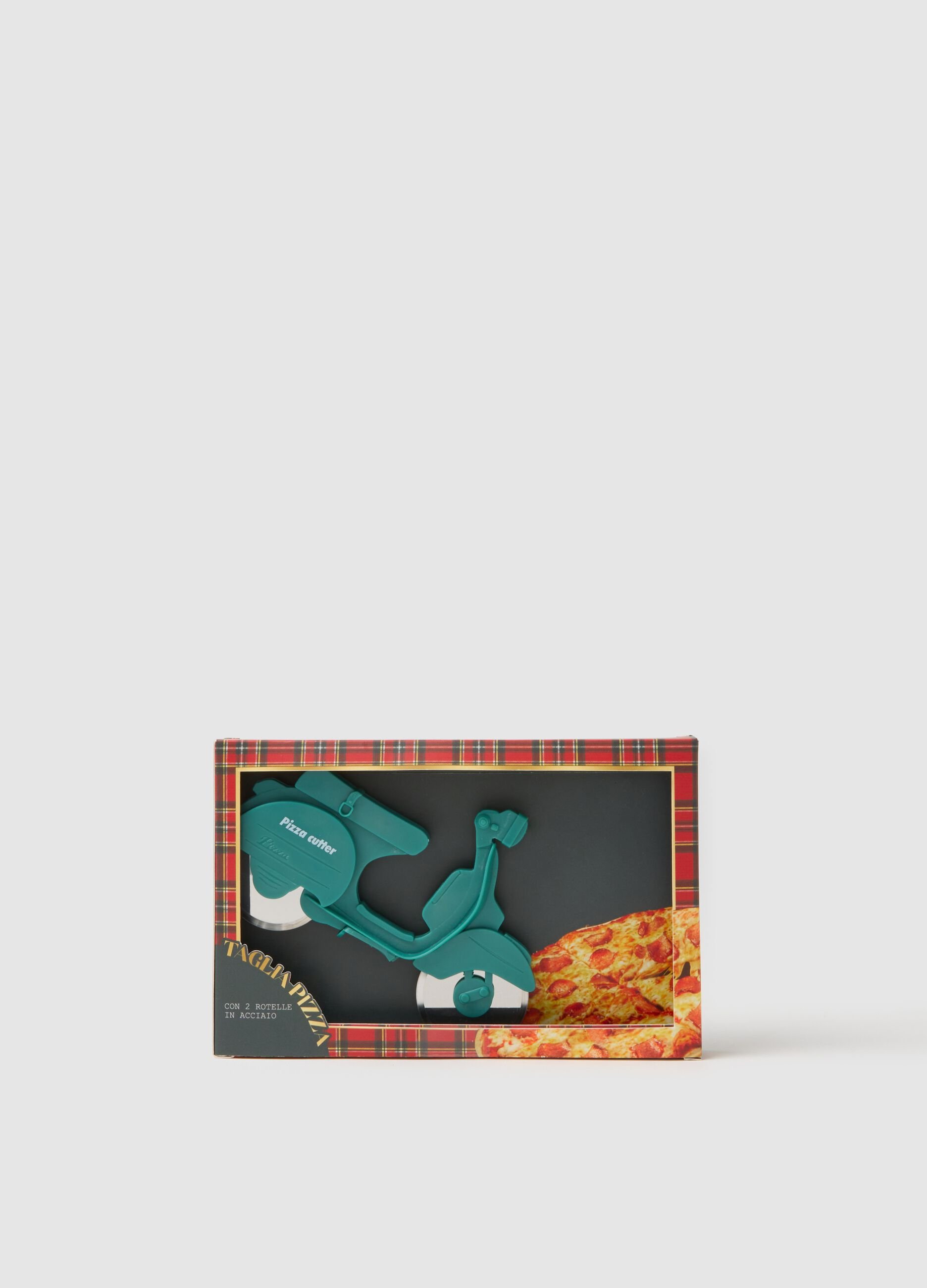 Green scooter-shaped pizza cutter with steel wheels