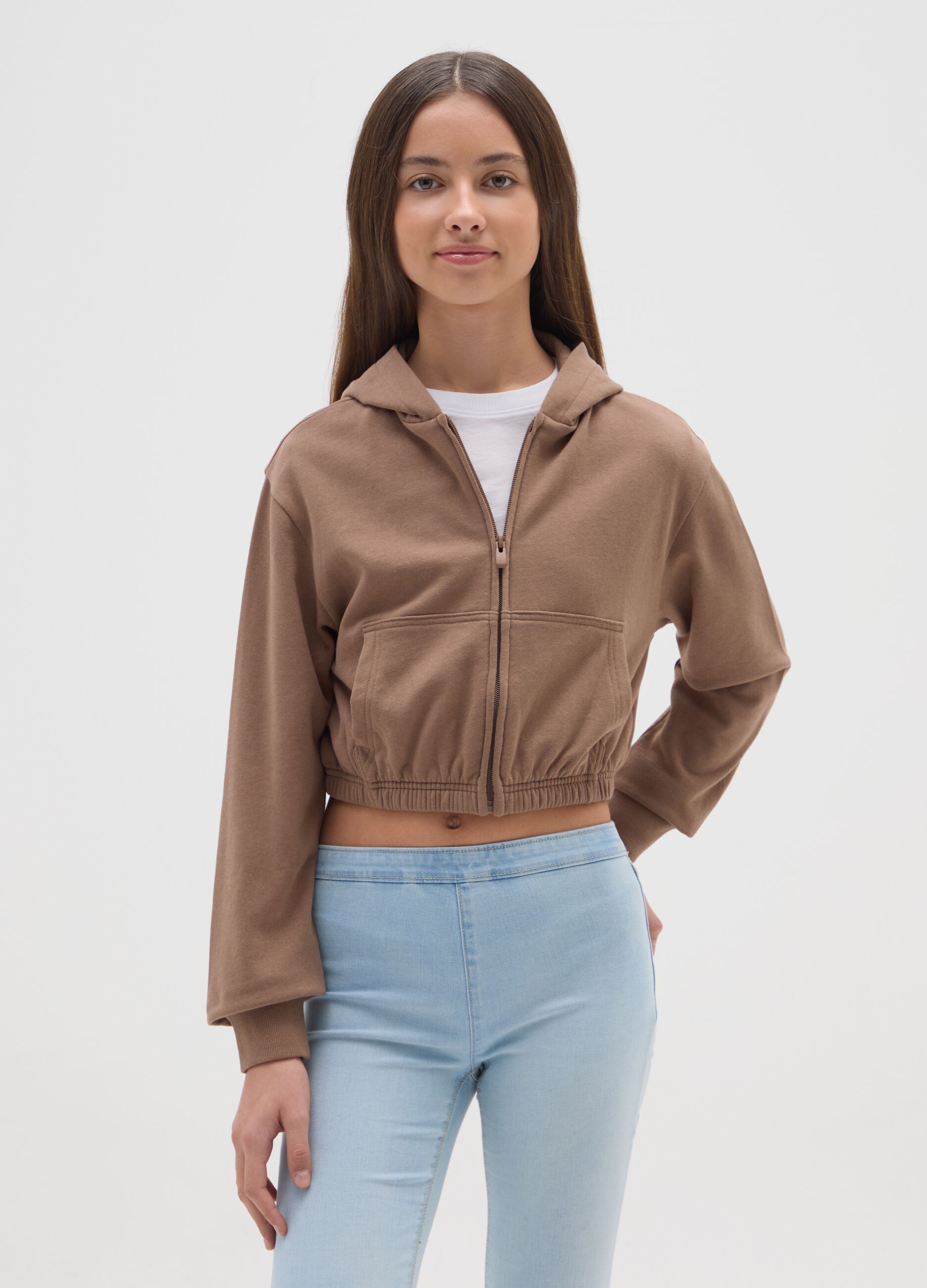 Girls' brown cotton blend fitted full zip hoodie