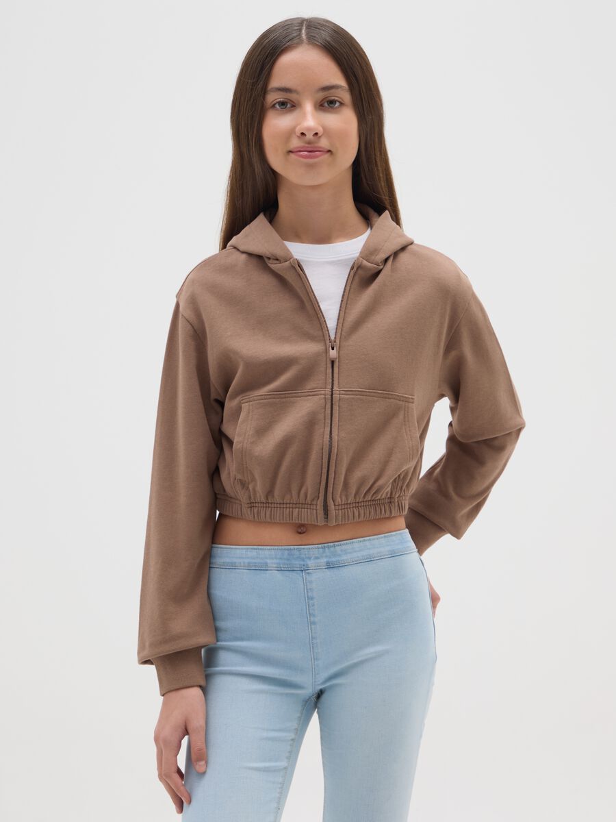 Felpa marrone da ragazza in misto cotone fitted full zip con cappuccio_0