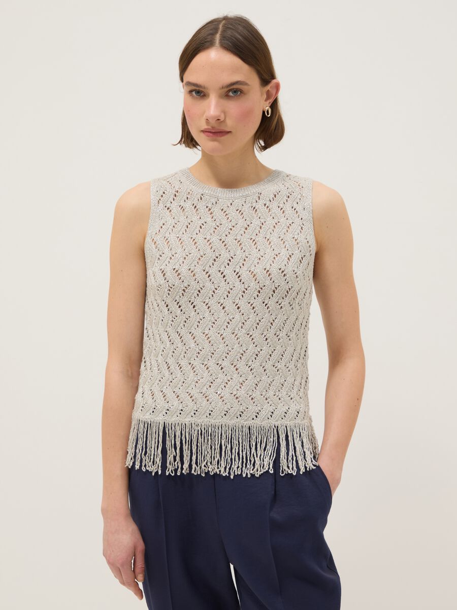 Beige viscose blend regular fit perforated top with fringes_0