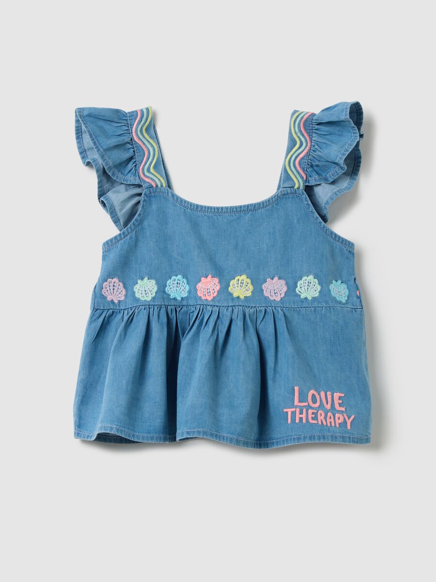 Sleeveless chambray top with embroidery_0