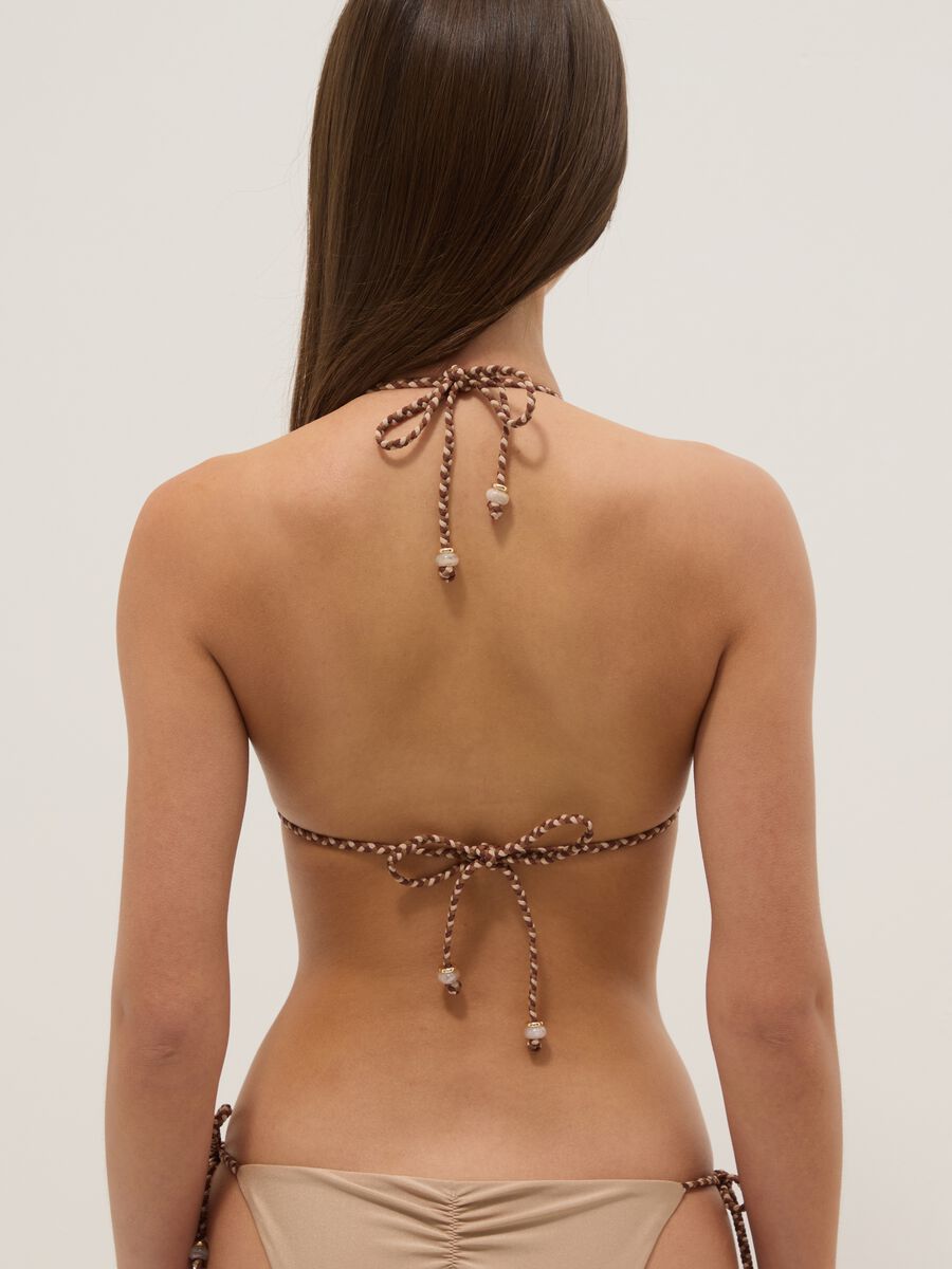 Beige triangle bikini top in stretch fabric with braided tie straps_2