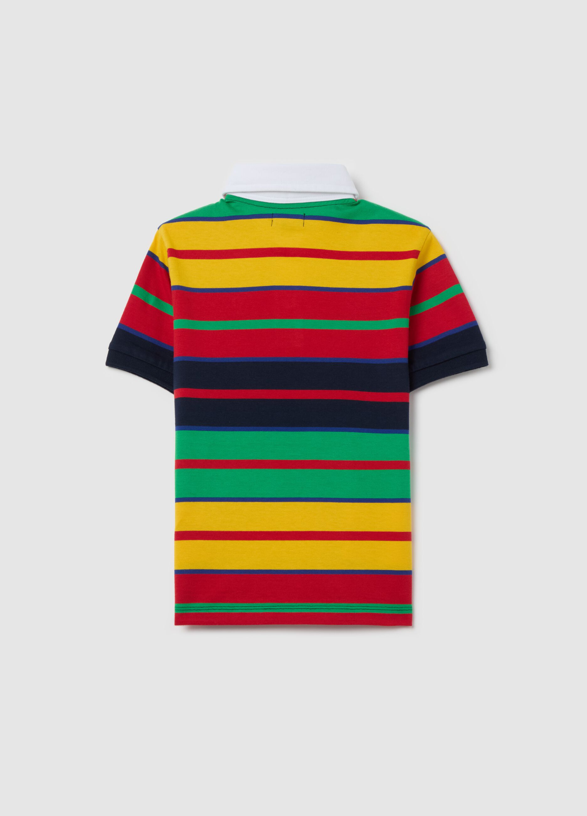 Cotton polo shirt with multicoloured stripes and logo embroidery