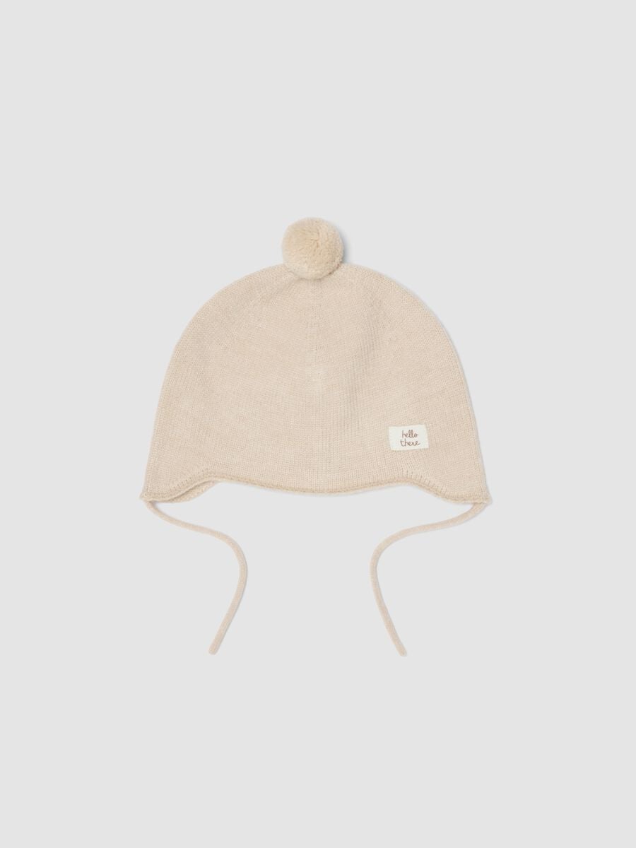 Beige m&eacute;lange knitted hat with pom‑pom_0