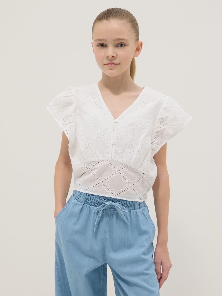 Camicia a maniche corte in puro cotone bianca da ragazza regular fit_0