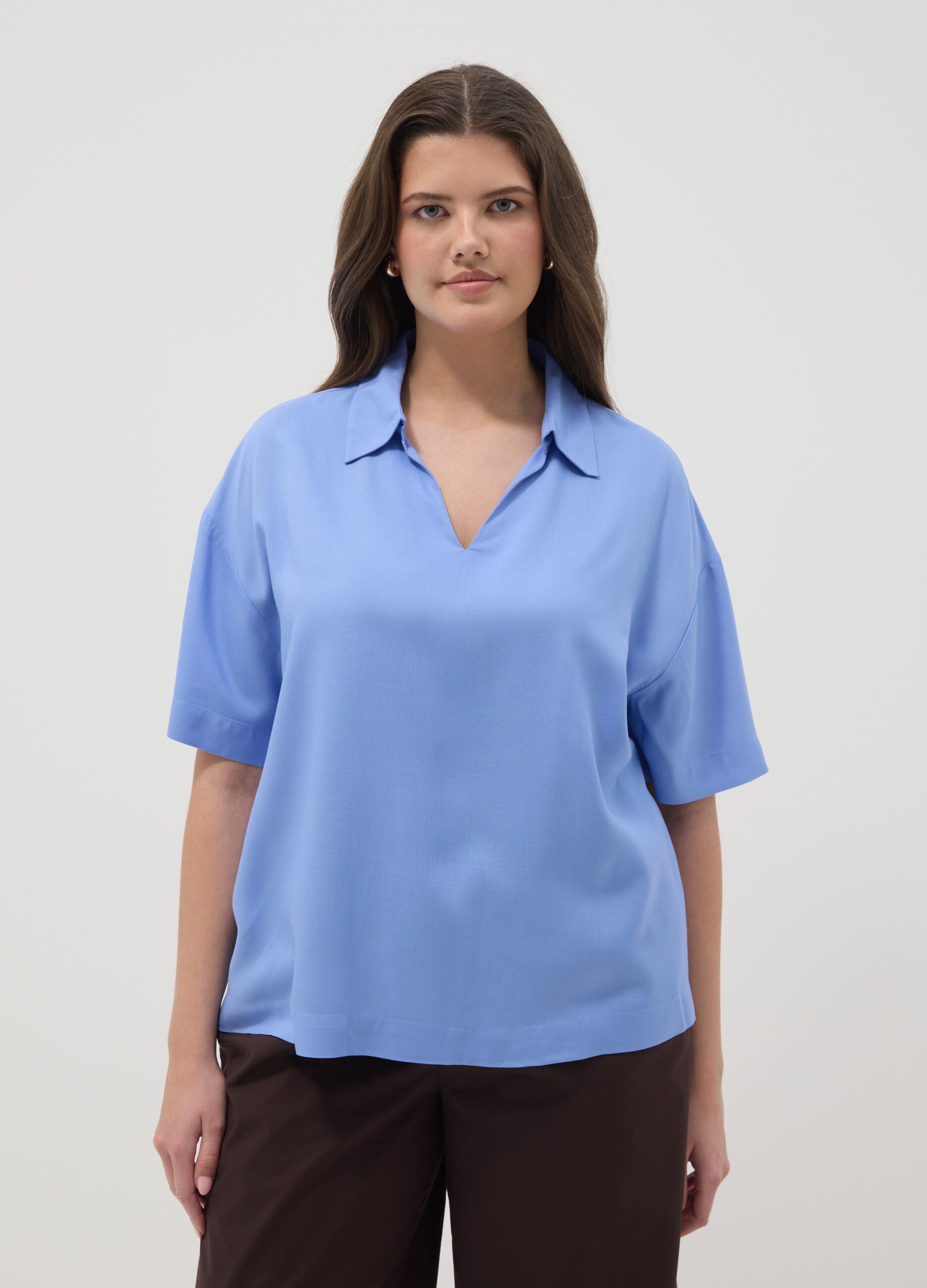 Sky-blue pure viscose shirt with classic collar